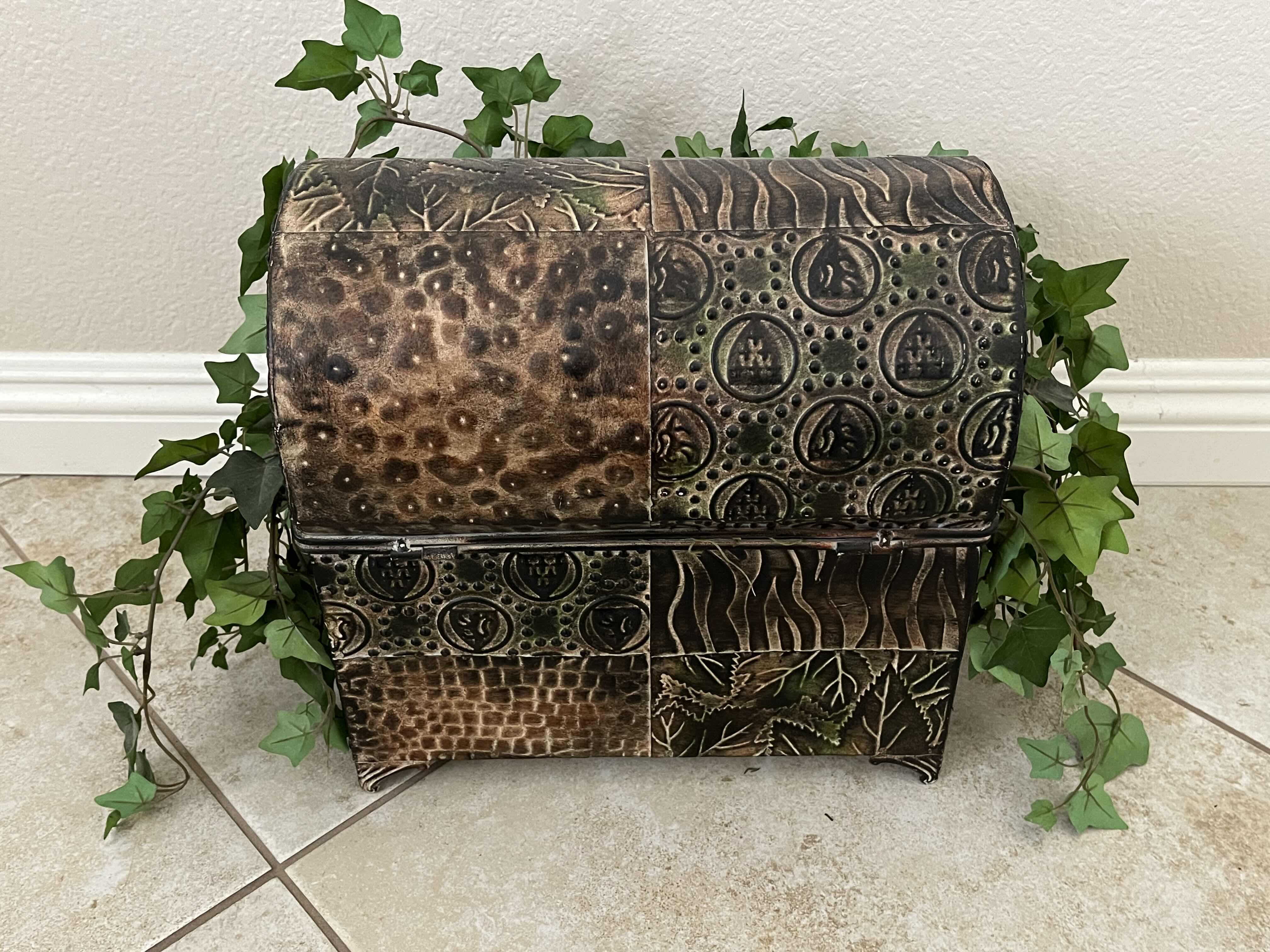 Photo 1 of IVY ARTIFICIAL PLANT W ORNATE DESIGN TIN CHEST 12.75” X 8” 11.5”