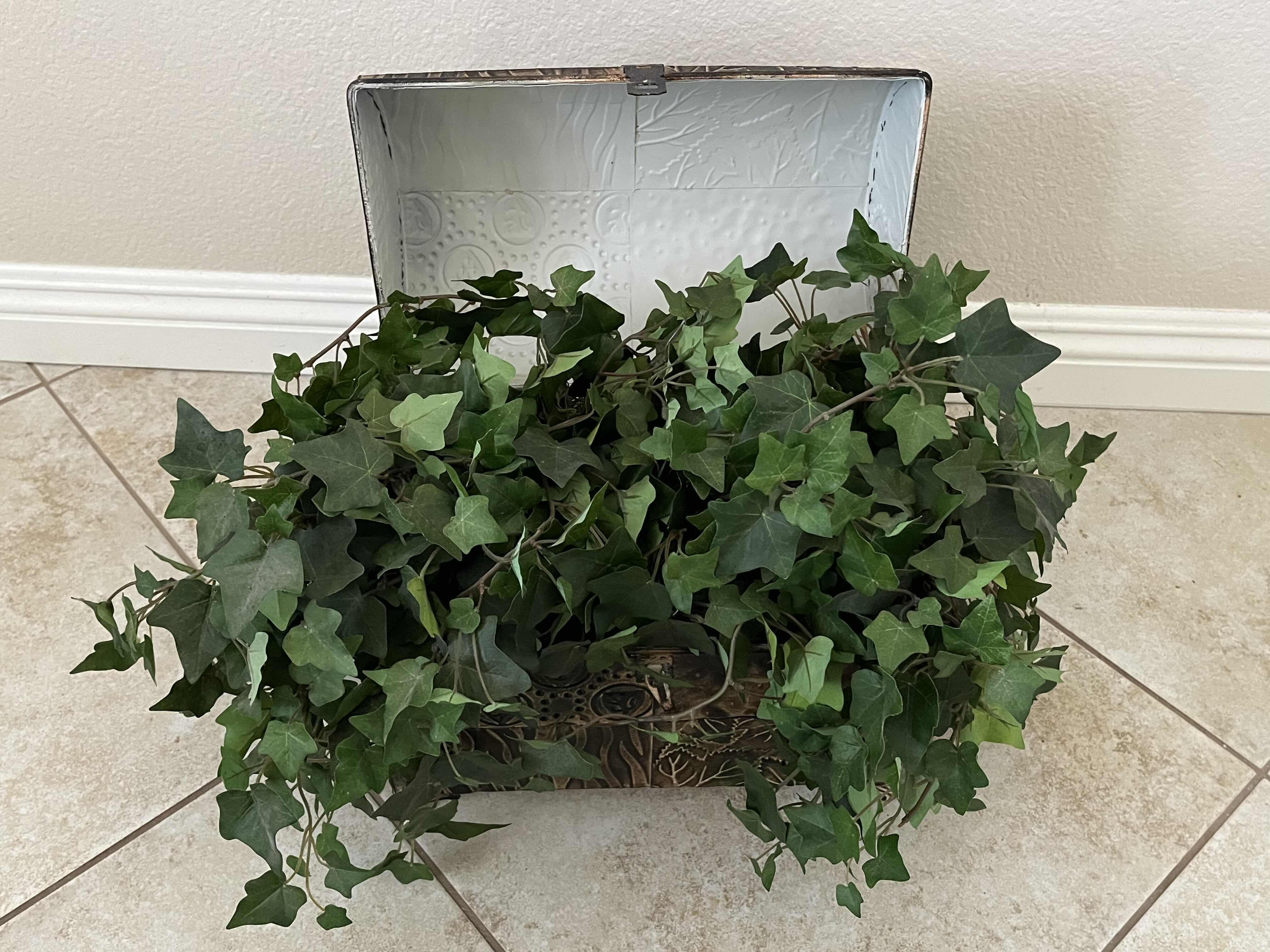 Photo 1 of IVY ARTIFICIAL PLANT W ORNATE DESIGN TIN CHEST 12.75” X 8” 11.5”