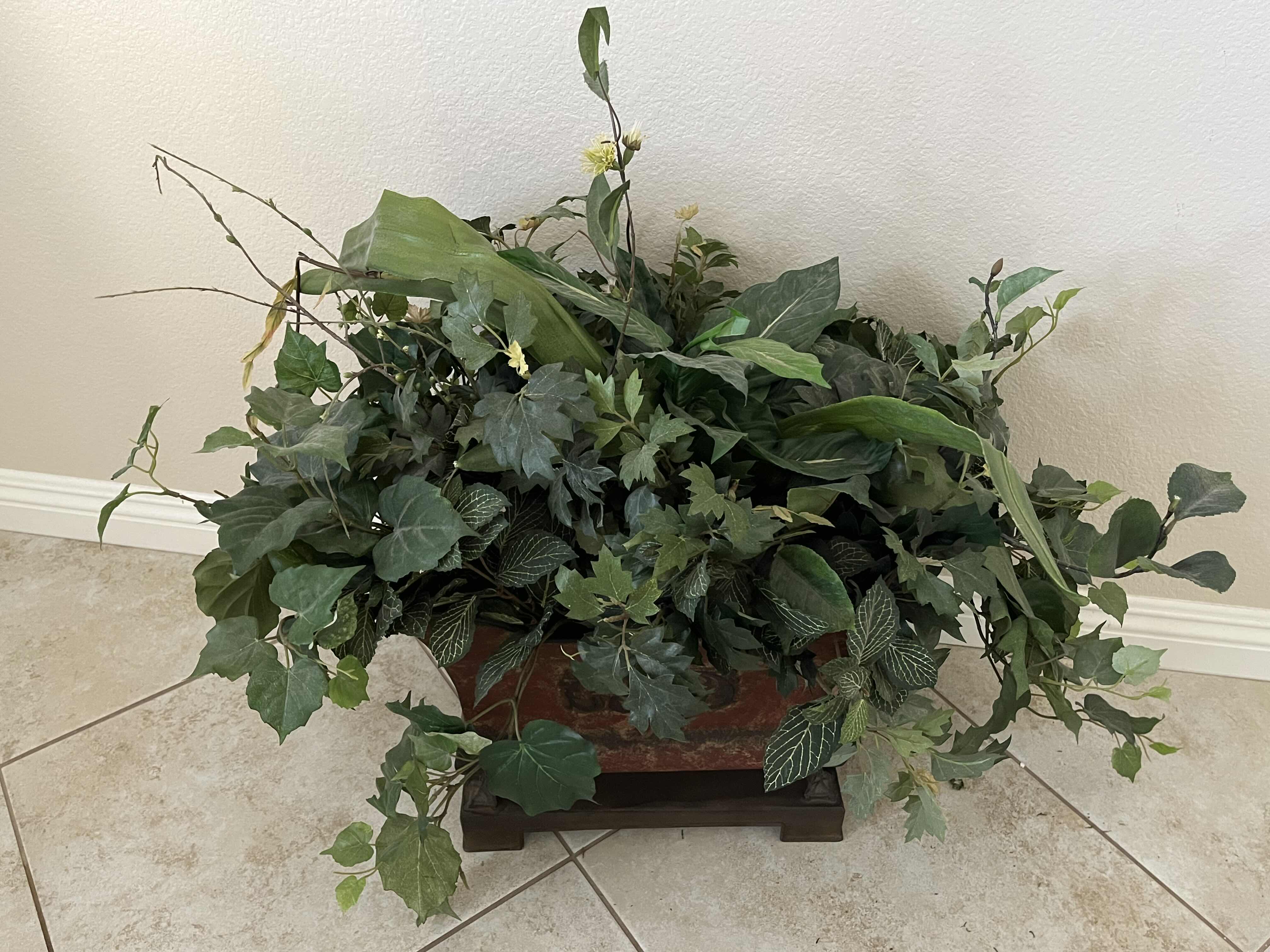 Photo 1 of ARTIFICIAL PLANTS W VICTORIAN STYLE TIN PLANTER 17” X 10” H14”