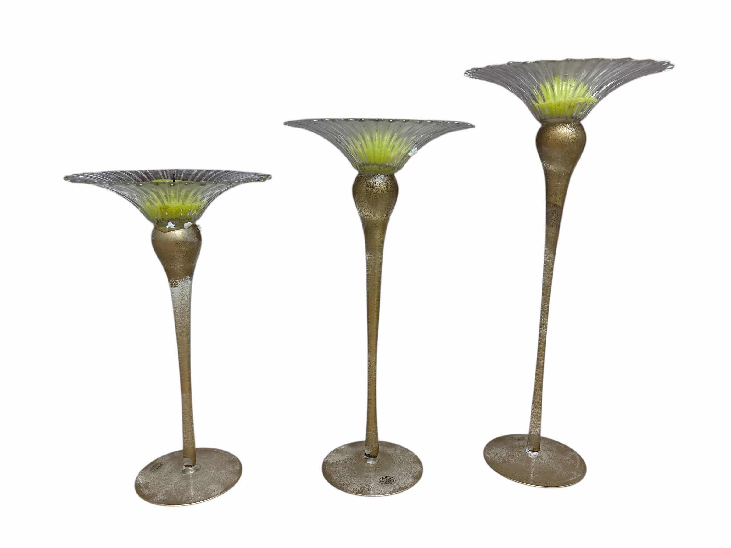 Photo 1 of HOME ESSENTIALS GLASS CANDLE HOLDERS (3)PCS H12",14",& 16”