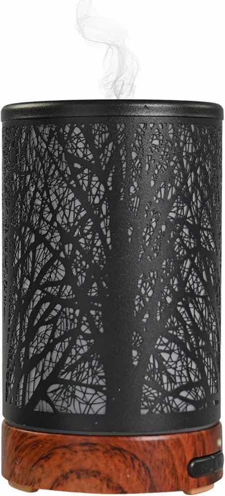 Photo 1 of NEW PALLET HOME-X OIL DIFFUSER WITH CARVED METAL TREE COVER ULTRASONIC ESSENTIAL OIL DIFFUSER COLOR CHANGING 3.5” X 3.5” X H6” BLACK (APPROXIMATELY 20 BOXES OF 12 SETS)