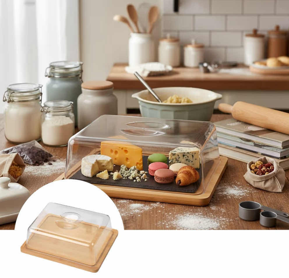 Photo 1 of HOME-X BAMBOO CHEESE BOARD STORAGE CONTAINER, ACRYLIC LID 12 TOTAL