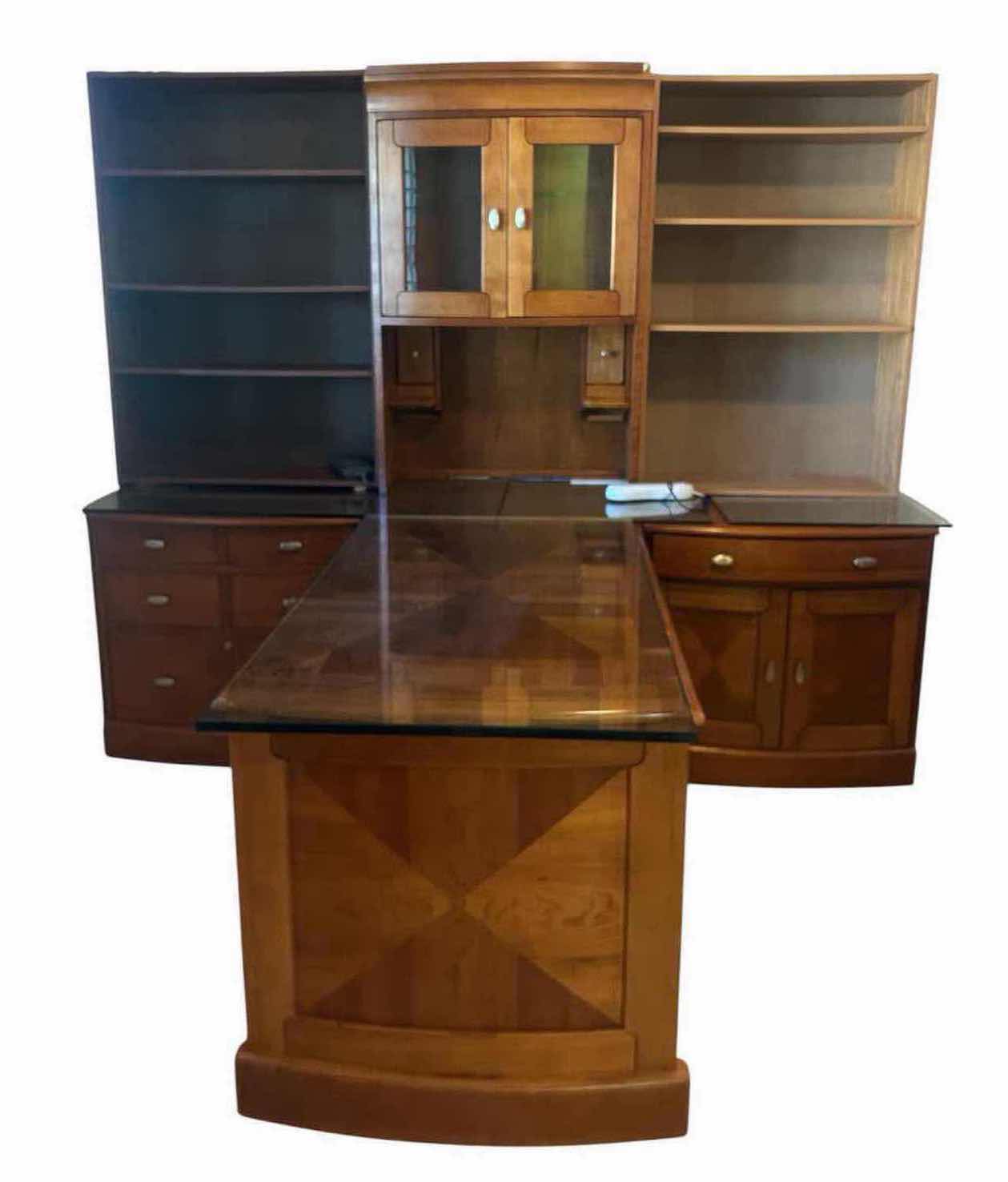 Photo 1 of MODULAR REAL WOOD EXECUTIVE DESK & WALL UNIT W LARGE EXTENDED DESK PENINSULA & LOWER STORAGE CABINETS 98" X 80"