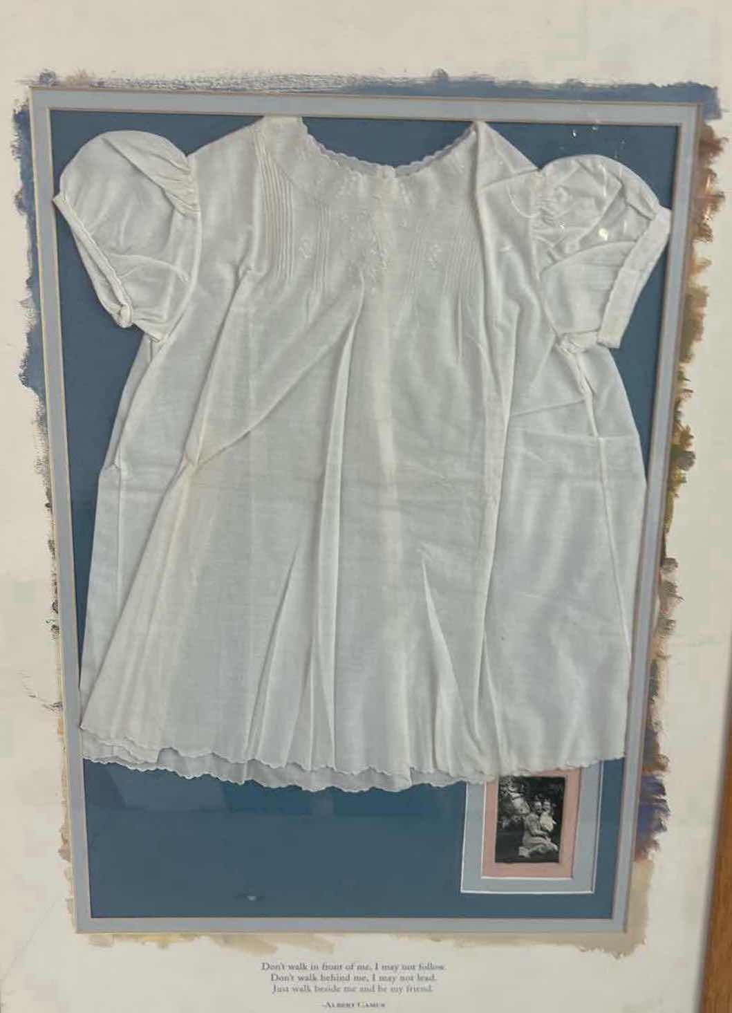 View 2 of VINTAGE WHITE BABY DRESS DISPLAYED INSIDE WOODEN SHADOW BOX 22" X 31"
