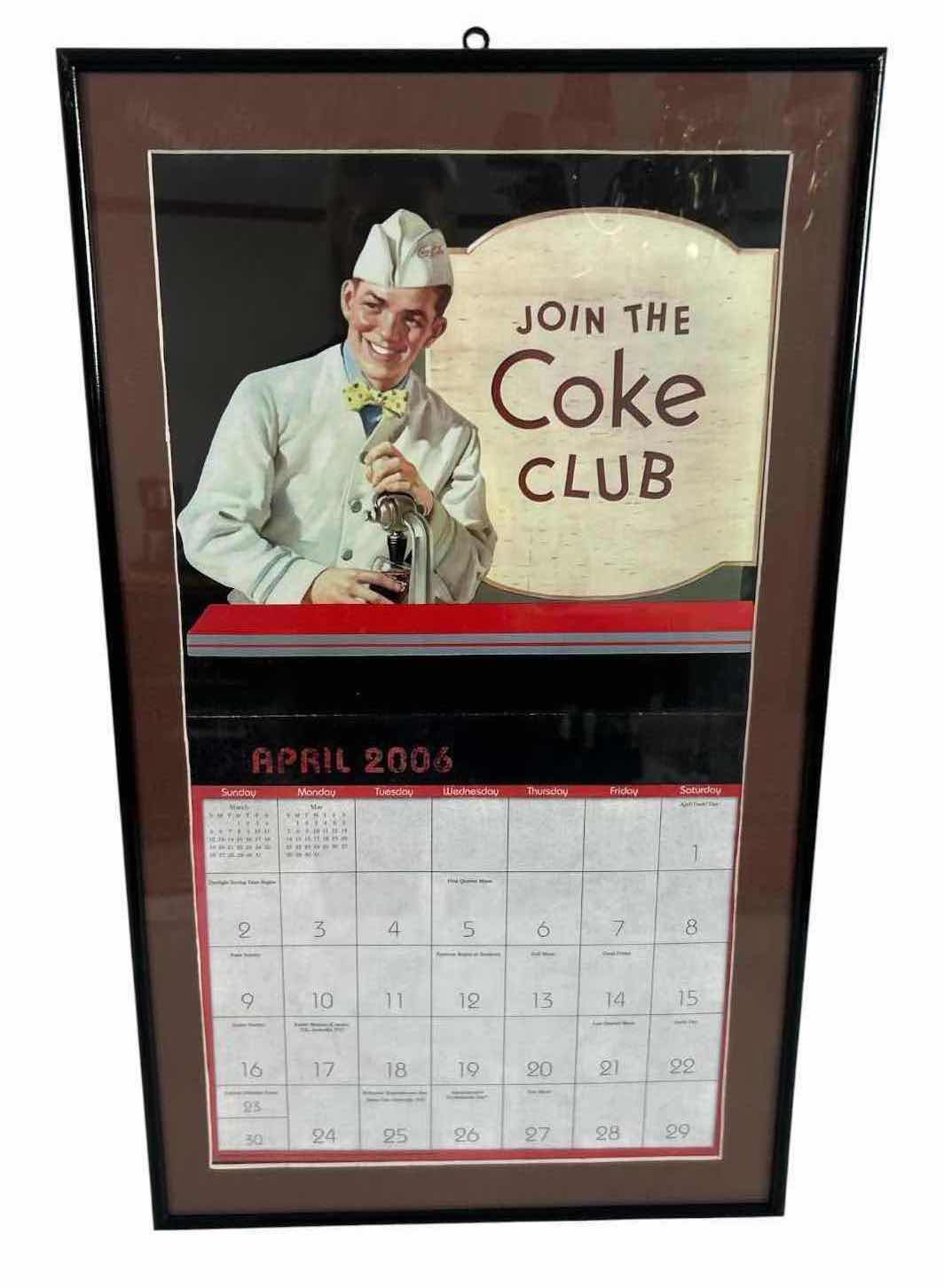 View 1 of BLACK FRAMED 2006 VINTAGE STYLE COCA COLA ADVERTISING WALL CALENDAR " JOIN THE COKE CLUB" SODA FOUNTAIN ILLUSTRATION 14" X 25"