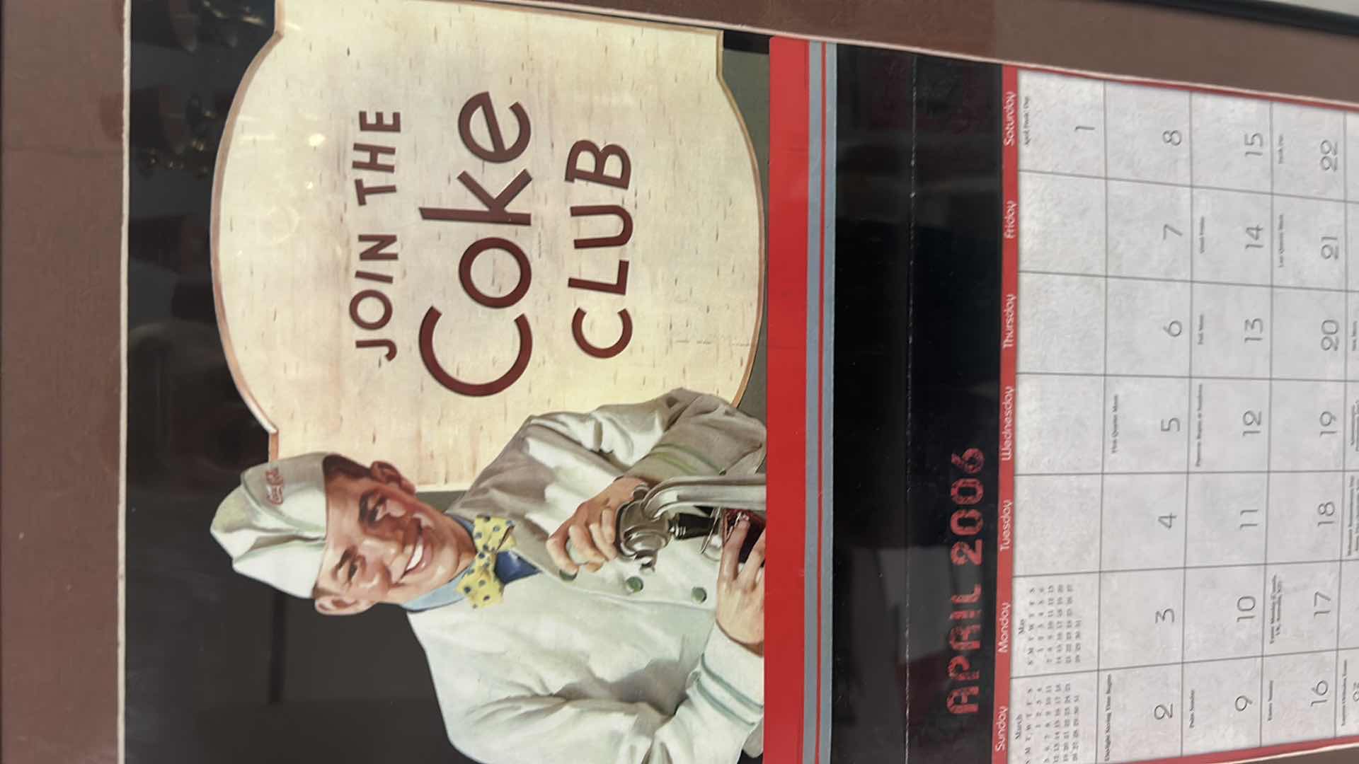 View 2 of BLACK FRAMED 2006 VINTAGE STYLE COCA COLA ADVERTISING WALL CALENDAR " JOIN THE COKE CLUB" SODA FOUNTAIN ILLUSTRATION 14" X 25"