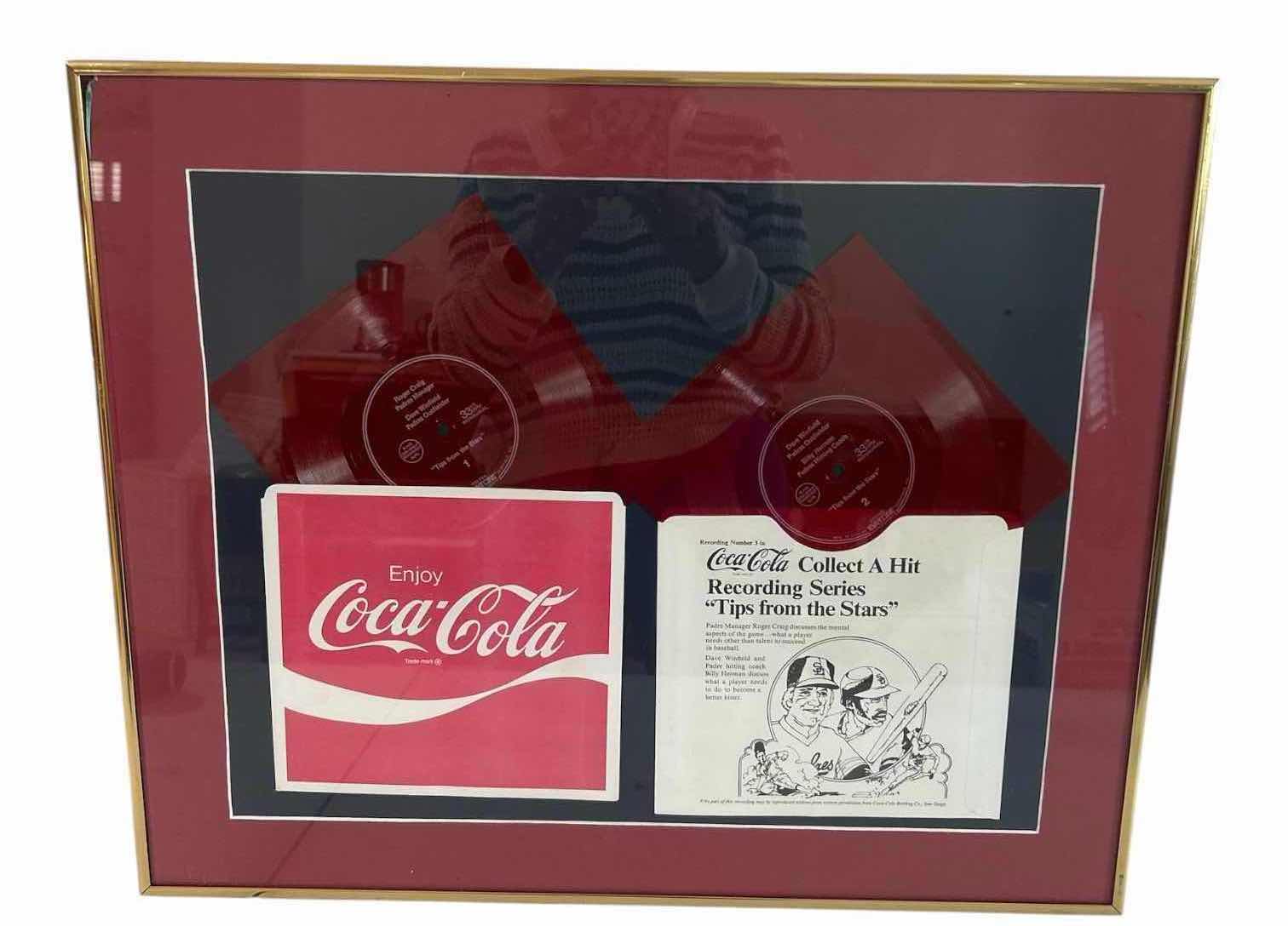 View 1 of GOLD FRAMED COLLECTIBLE W VINTAGE COCA COLA RED FLEXI DISC RECORD SET SLEEVE FROM 1970 SAN DIEGO PADRE 23" X 20"