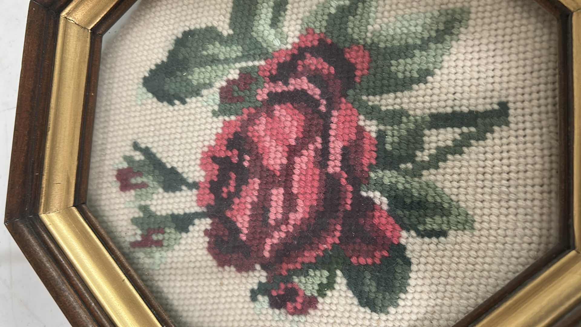 View 2 of 2-VINTAGE FRAMED FLORAL NEEDLEPOINT W PINK RED ROSE MOTIFS IN OCTAGONAL GIFT FRAMES 9"X 9"