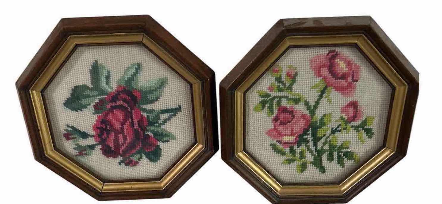 View 1 of 2-VINTAGE FRAMED FLORAL NEEDLEPOINT W PINK RED ROSE MOTIFS IN OCTAGONAL GIFT FRAMES 9"X 9"