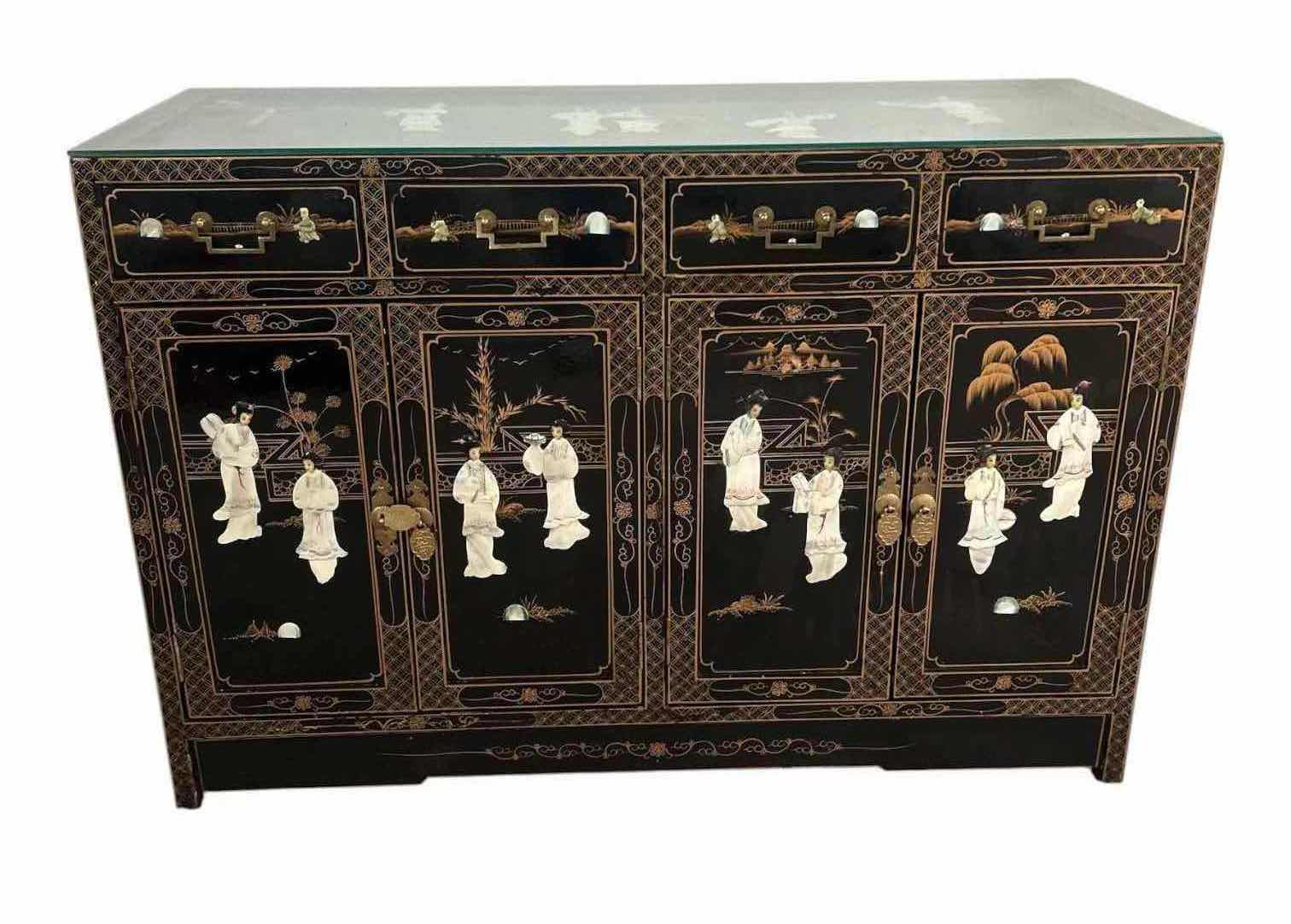View 1 of RED LANTERN BLACK LACQUER SIDEBOARD GLASS TOP W ROYAL LADIES MOTIF TRADITIONAL CHINESE INLAID 48" X 18" H 33"