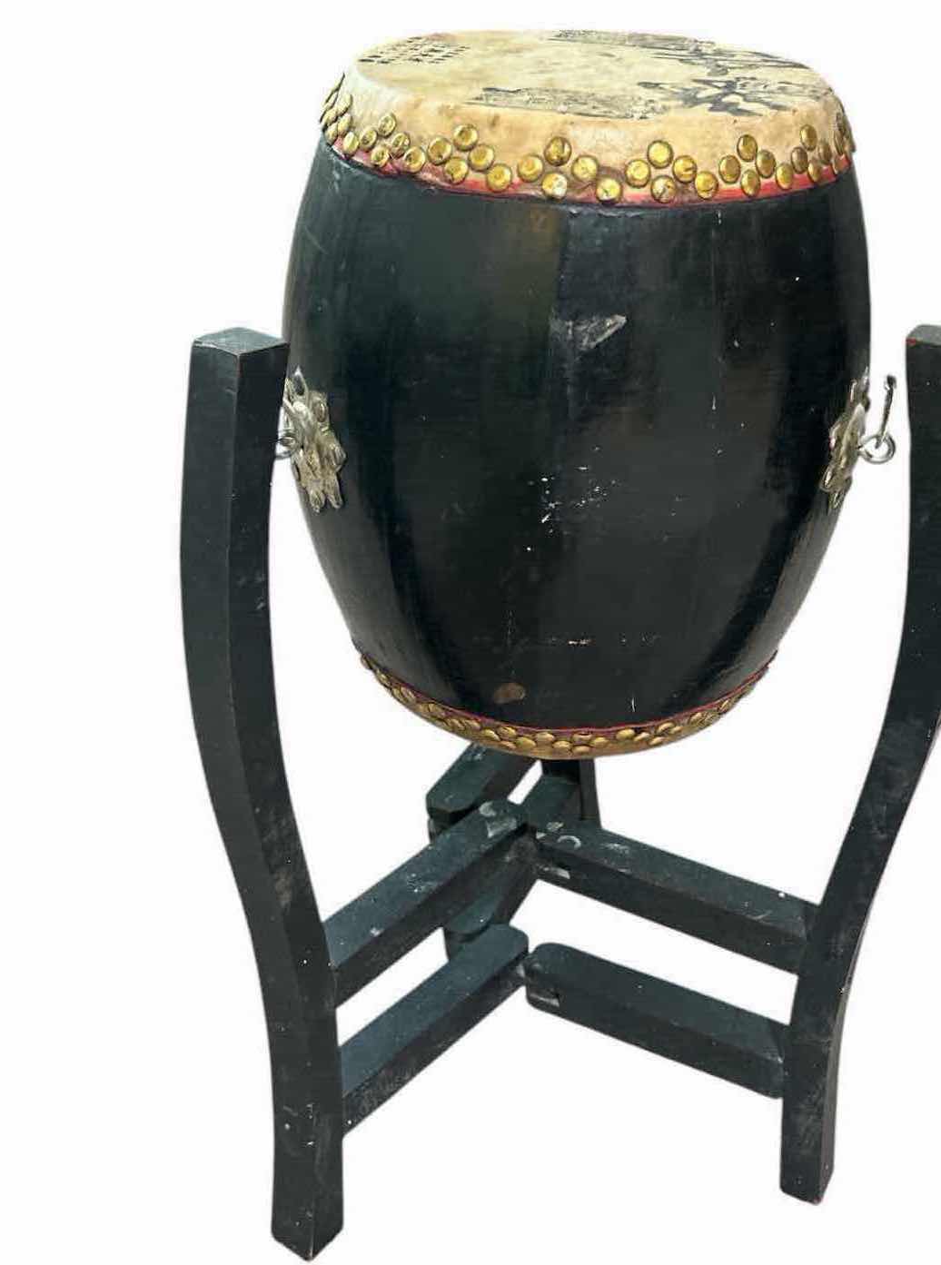 View 1 of TRADITIONAL CHINESE BARREL DRUM KNOWN AS TANGGU W MATCHING WOODEN TRIPOD H 24"