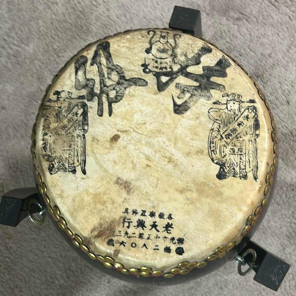 View 2 of TRADITIONAL CHINESE BARREL DRUM KNOWN AS TANGGU W MATCHING WOODEN TRIPOD H 24"