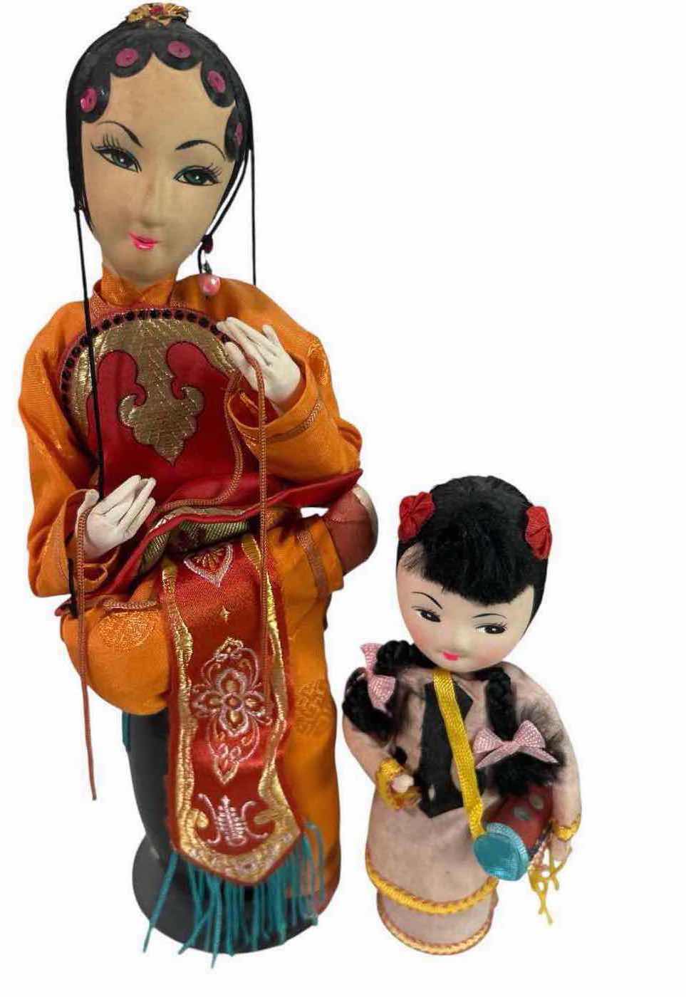 View 1 of PAIR OF VINTAGE ASIAN DECORATIVE DOLLS DRESSED TRADITIONAL SILK LIKE ATTIRE H 11" 6"