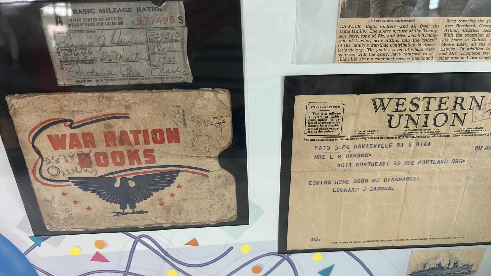 View 3 of FRAMED WORLD WAR II DISPLAY W COLLECTION WARTIME MEMORABILIA DOCUMENTS ETC 30" X 25"