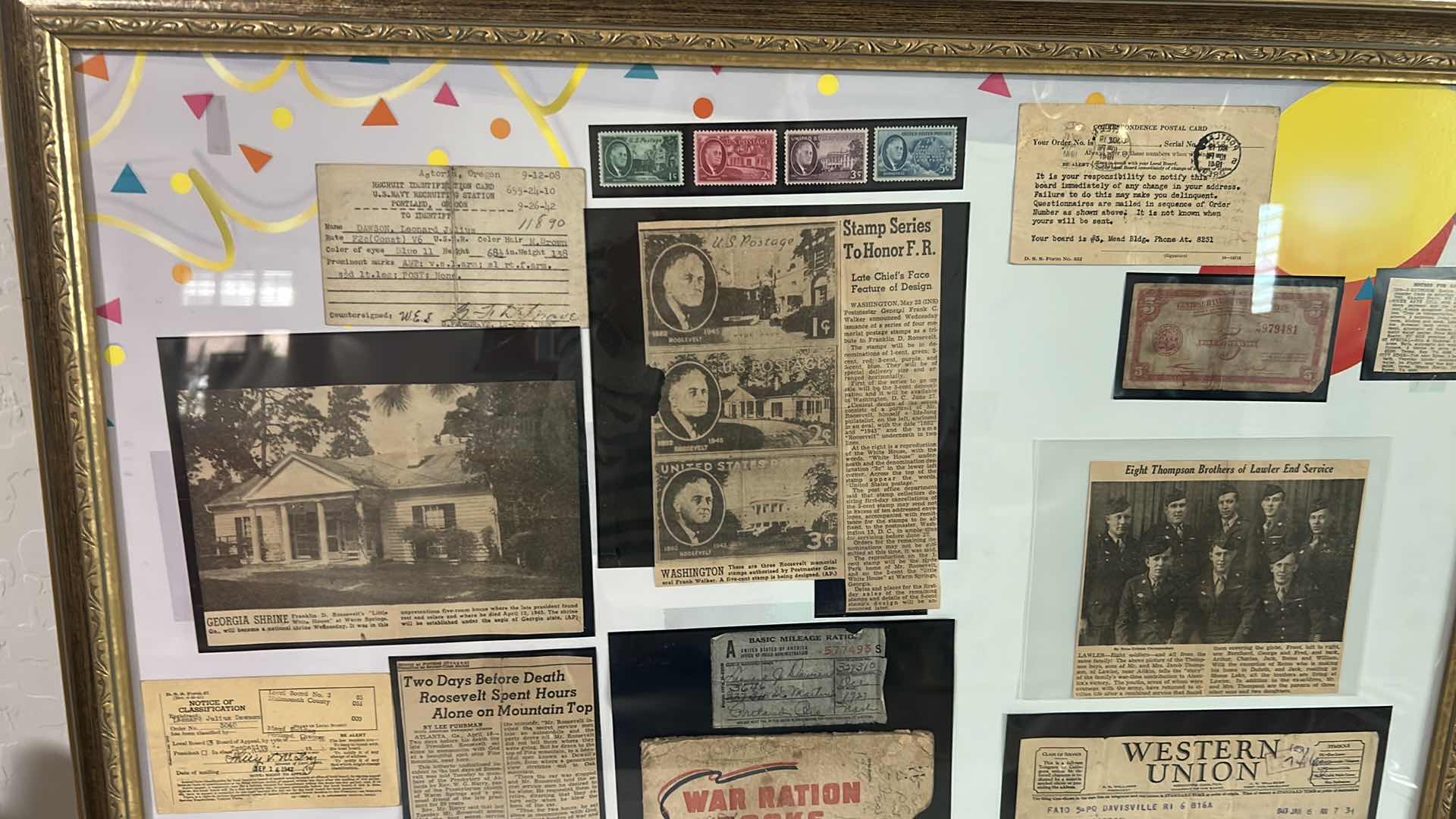 View 2 of FRAMED WORLD WAR II DISPLAY W COLLECTION WARTIME MEMORABILIA DOCUMENTS ETC 30" X 25"