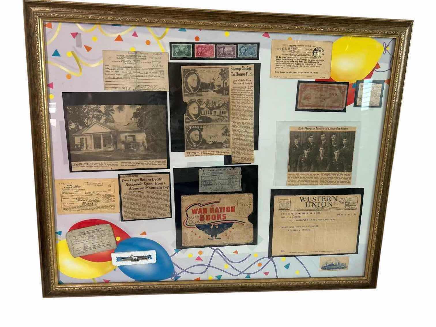 View 1 of FRAMED WORLD WAR II DISPLAY W COLLECTION WARTIME MEMORABILIA DOCUMENTS ETC 30" X 25"