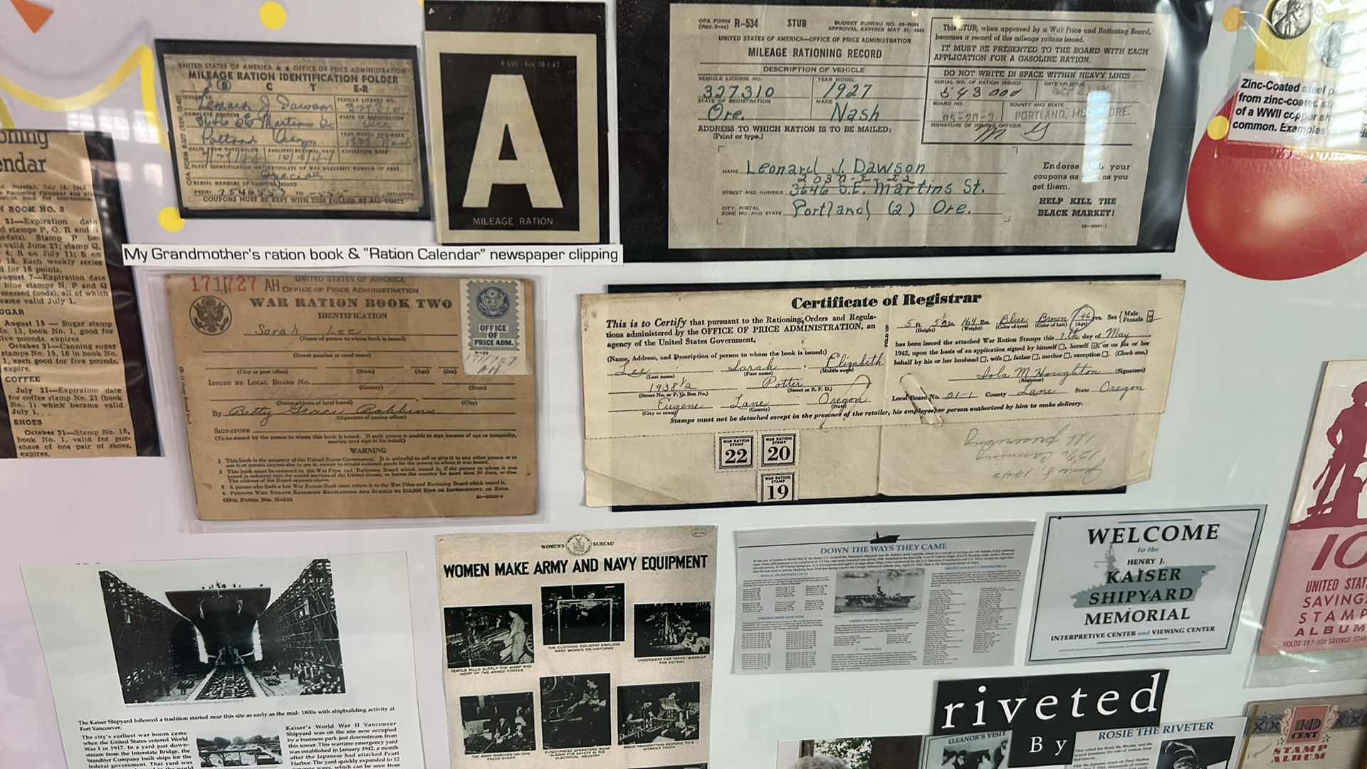 View 2 of FRAMED WORLD WAR II DISPLAY W COLLECTION WARTIME MEMORABILIA DOCUMENTS ETC 30" X 25"