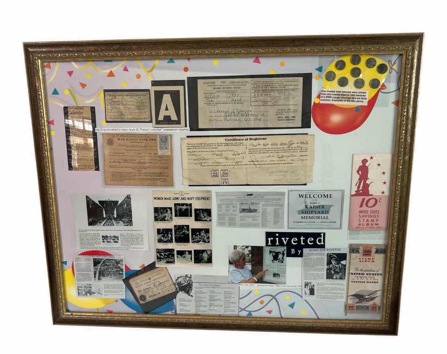 View 1 of FRAMED WORLD WAR II DISPLAY W COLLECTION WARTIME MEMORABILIA DOCUMENTS ETC 30" X 25"