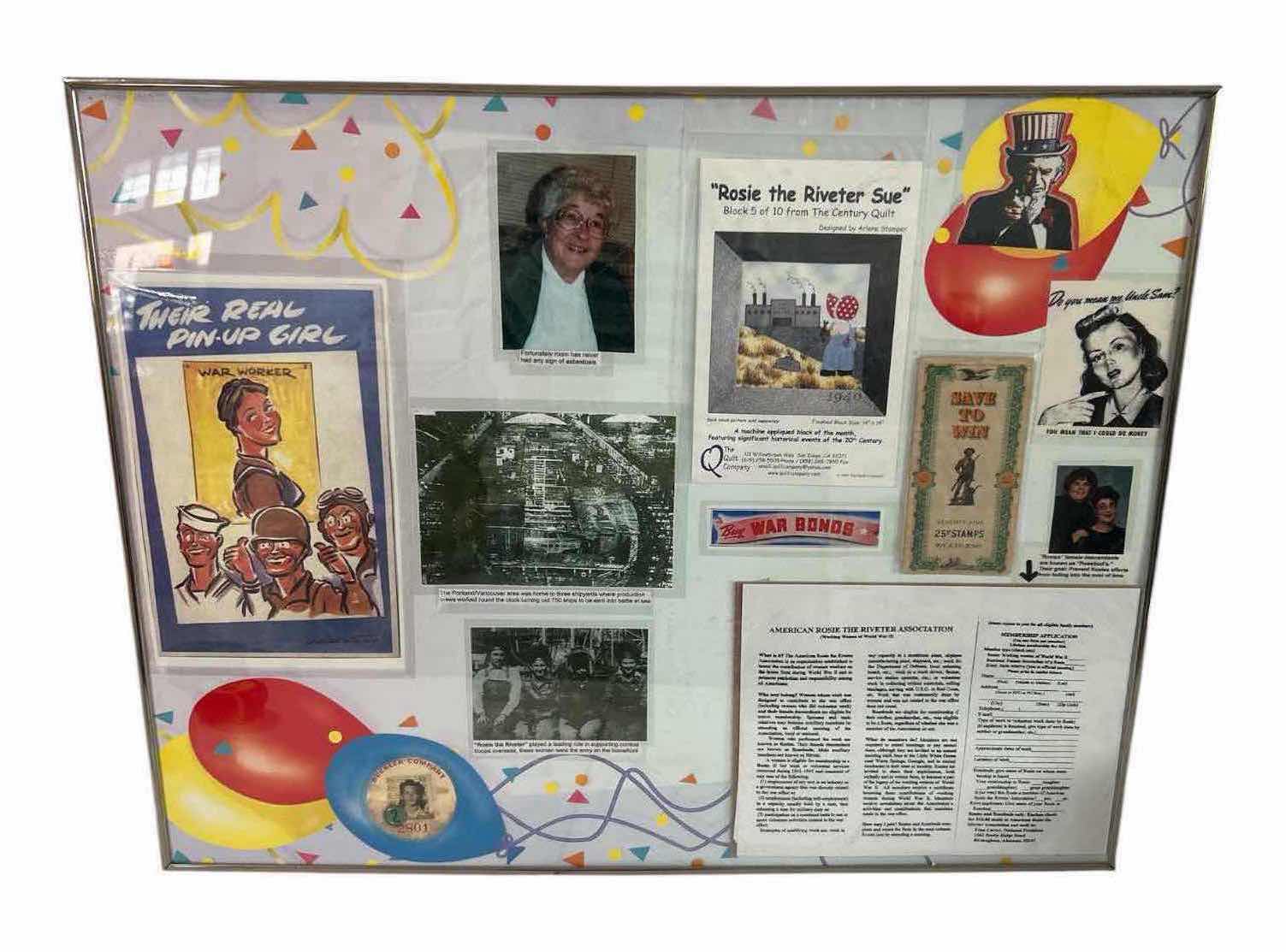 View 1 of FRAMED WORLD WAR II DISPLAY W COLLECTION WARTIME MEMORABILIA DOCUMENTS ETC 30" X 25"