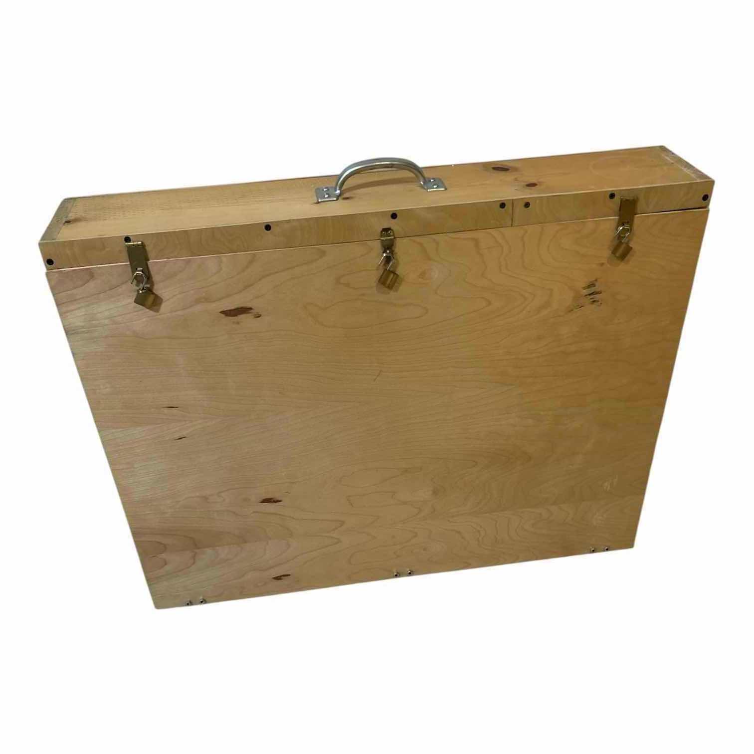 View 1 of WOODEN ARTWORK BOX W NATURAL FINISH METAL LATCHES & TOP HANDLE 34" X 6" H 26"