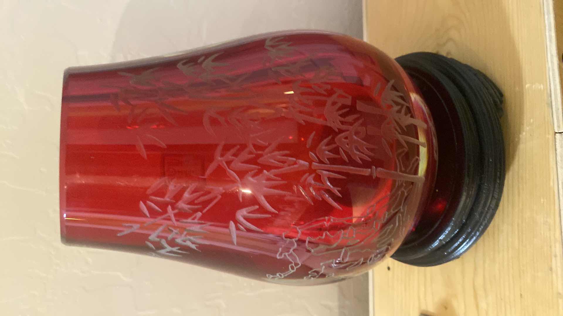 View 2 of VINTAGE RUBY RED CUT GLASS VASE WITH ETCHED BAMBOO DESIGN H7”