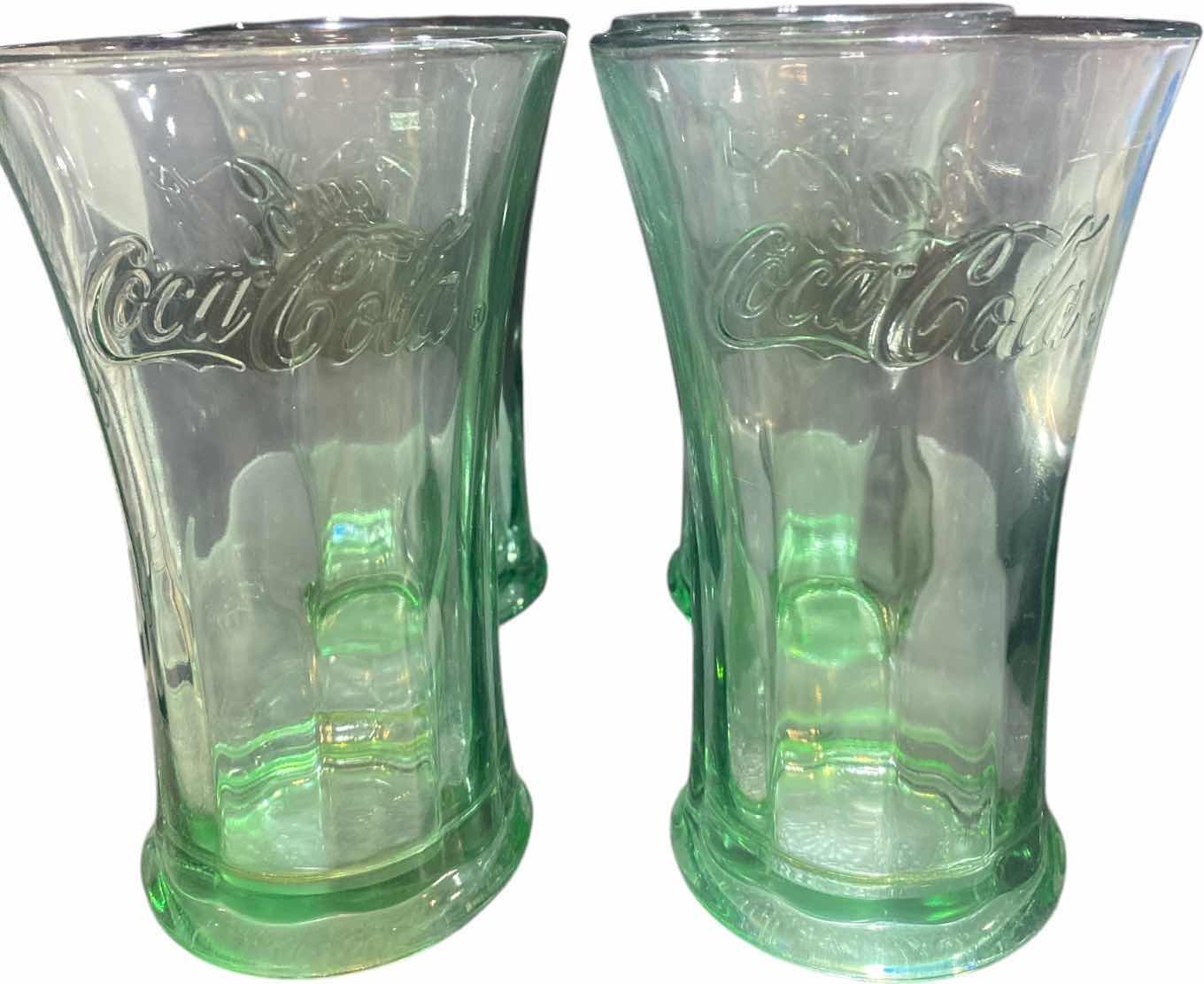 View 1 of CONTENTS ON SHELF – VINTAGE LIBBY GREEN GLASS COCA-COLA GLASSES (4)
