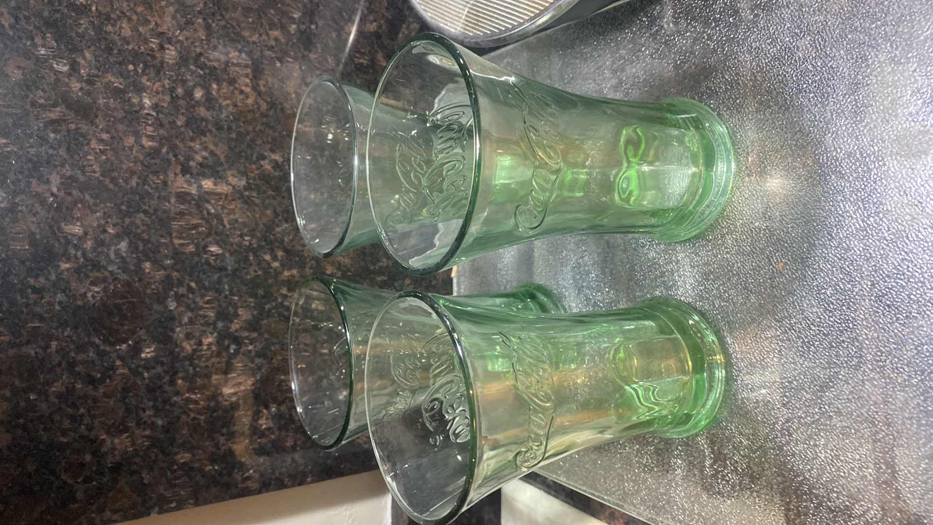 View 4 of CONTENTS ON SHELF – VINTAGE LIBBY GREEN GLASS COCA-COLA GLASSES (4)