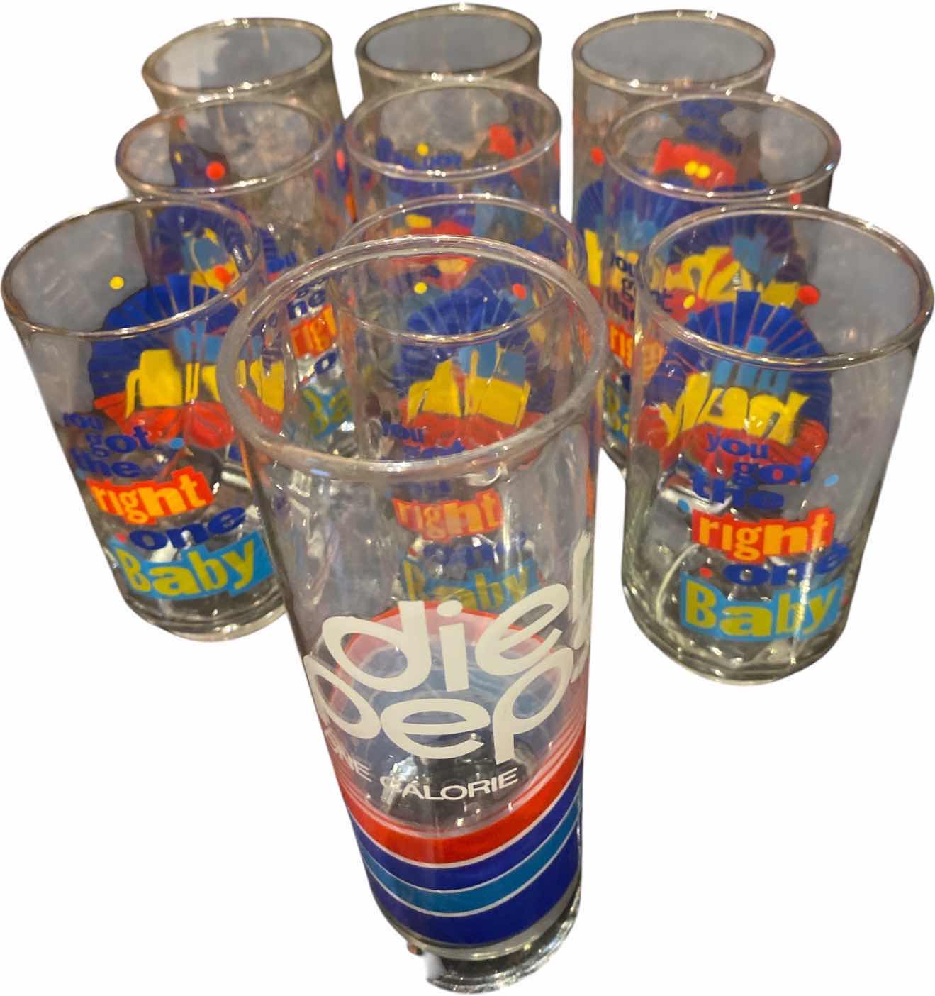 View 1 of VINTAGE DIET PEPSI GLASS “YOU GOT THE RIGHT ONE” DIET PEPSI (9) & 1 DIET PEPSI 1 GLASS