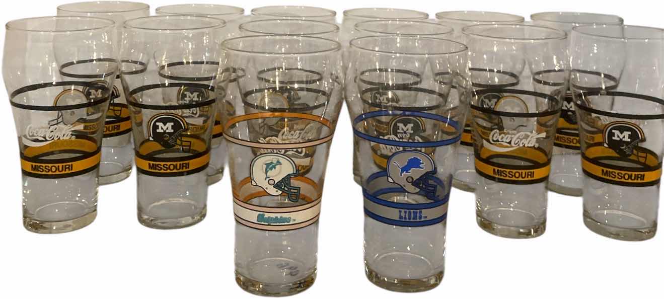 View 1 of VINTAGE COCA-COLA FOOTBALL GLASSES- MISSOURI (12) DOLPHINS AND LIONS (1 EACH) TOTAL (14)