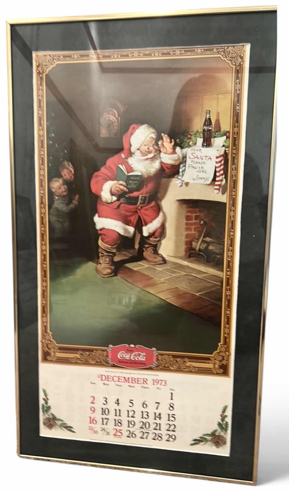 View 1 of FRAMED VINTAGE 1973–1974 COCA-COLA CHRISTMAS ADVERTISING CALENDAR 13 1/2” x H24 1/4”