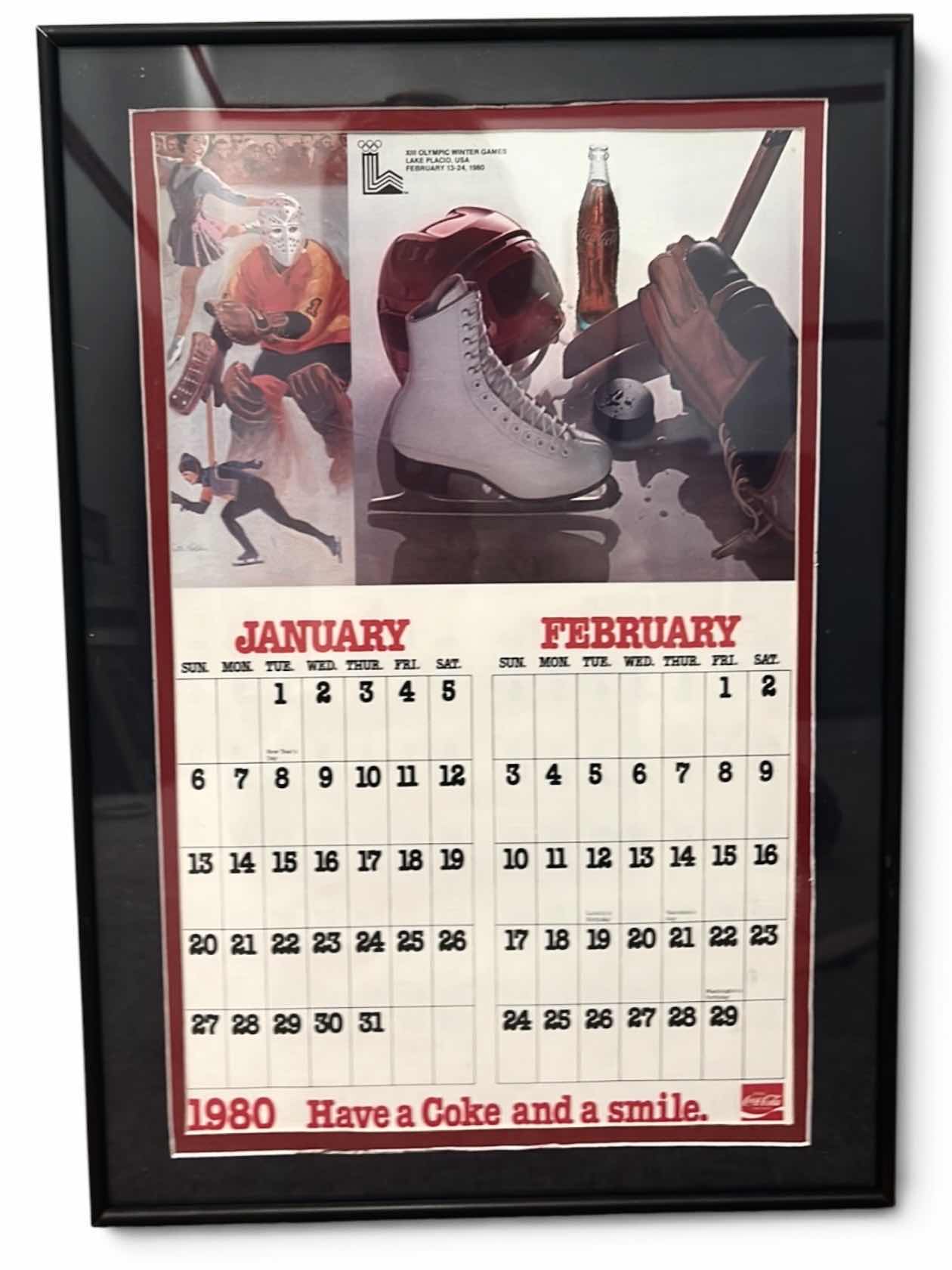 View 1 of 3 - FRAMED OFFICIAL 1979 & 1980 COCA-COLA WINTER OLYMPICS CALENDARS & 2012 ANNUAL CALENDAR LARGEST   16" X 22"