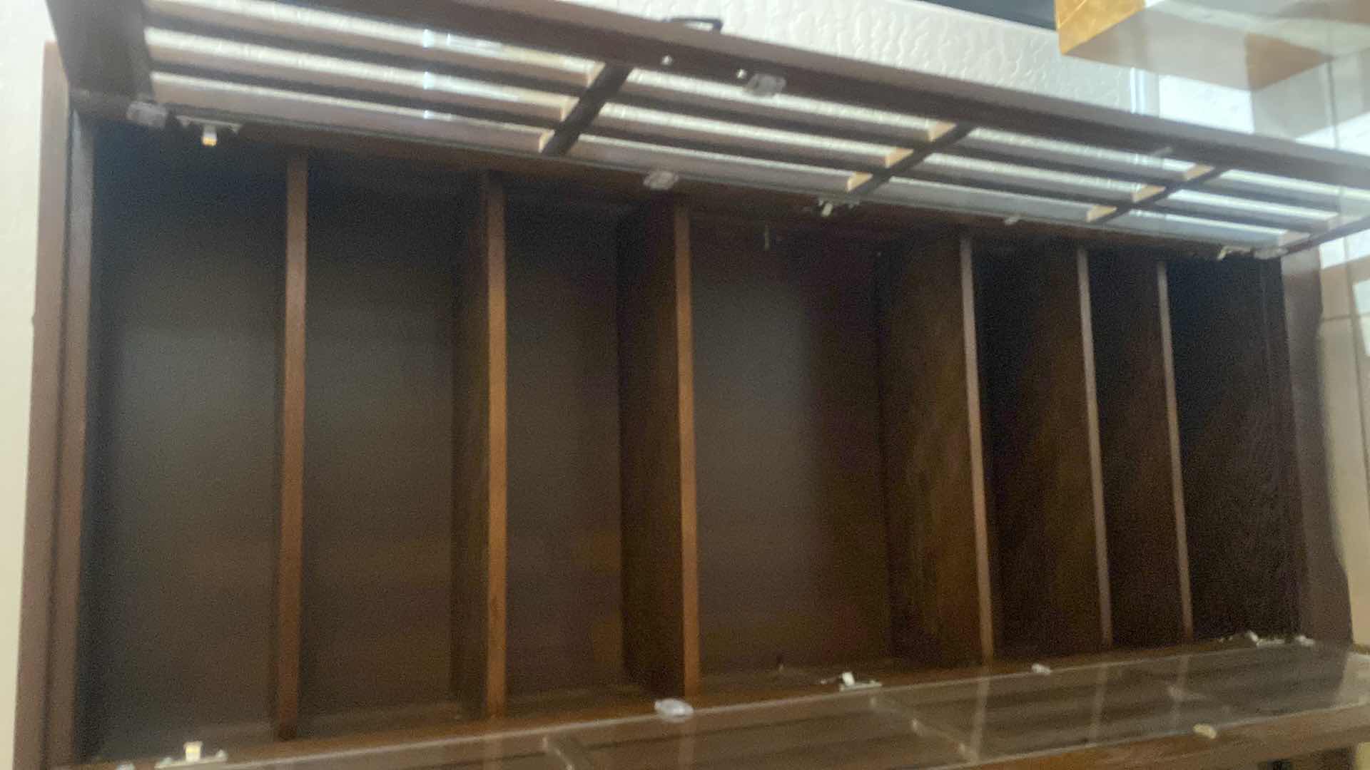 View 6 of MISSION STYLE GLASS DOOR MULTIMEDIA CABINET WITH WALNUT STAIN STAINED OAK VENEER 70” X 10” H 61 1/2”