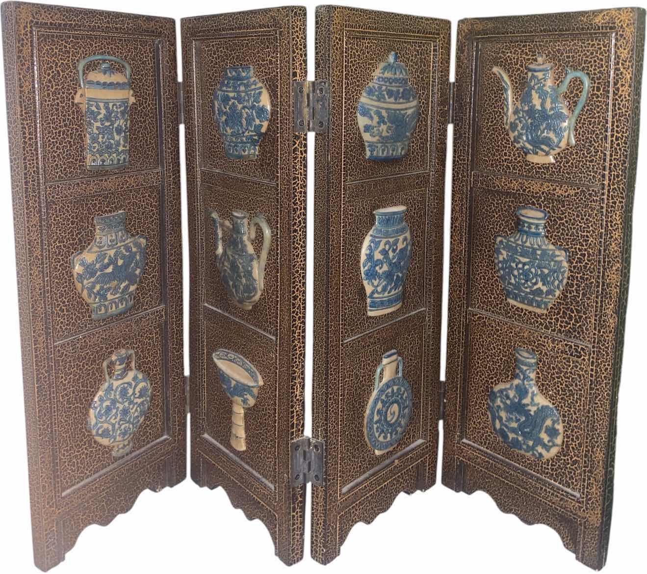 View 1 of VINTAGE FOUR PANEL TABLETOP FOLDING SCREEN WITH RELIEF, BLUE AND WHITE PORCELAIN VASES (MEASUREMENTS IS THE SIZE OF ONE PANEL 6” X 16 1/2”