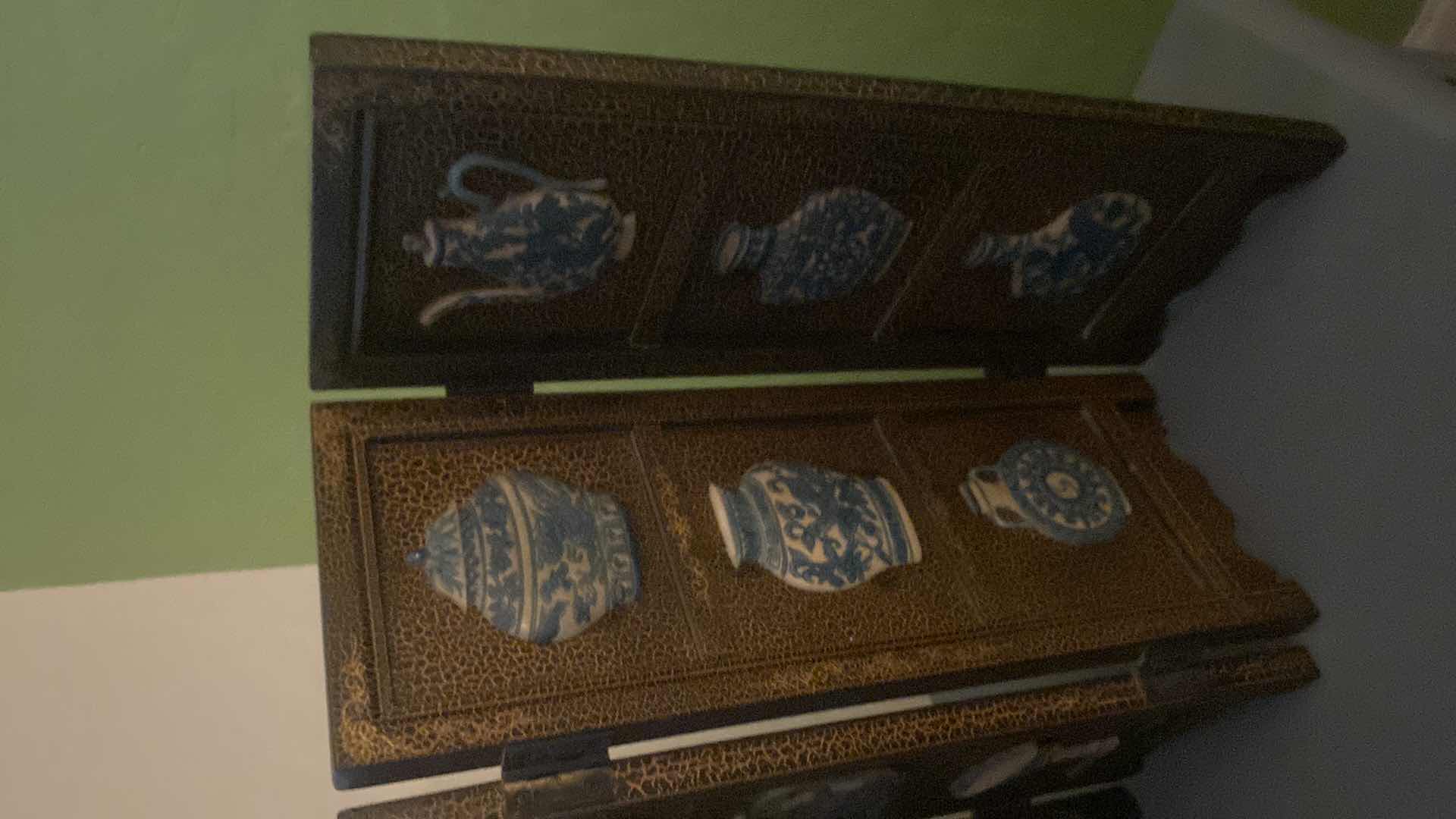 View 3 of VINTAGE FOUR PANEL TABLETOP FOLDING SCREEN WITH RELIEF, BLUE AND WHITE PORCELAIN VASES (MEASUREMENTS IS THE SIZE OF ONE PANEL 6” X 16 1/2”