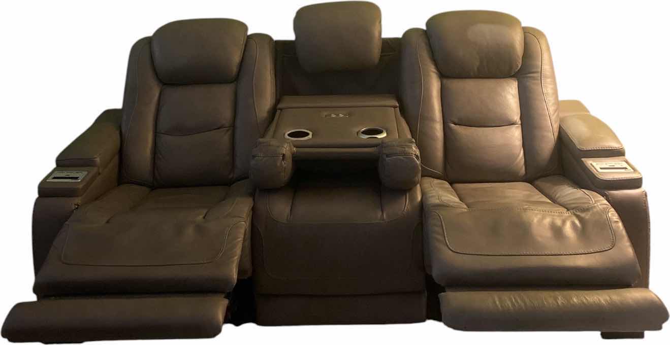View 1 of 86” GRAY LEATHER POWER RECLINING SOFA WITH CENTER DROP-DOWN CONSOLE