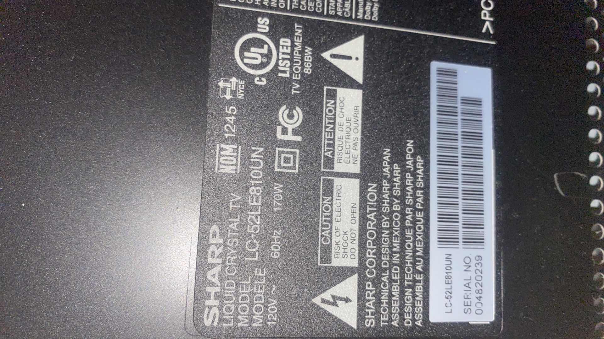View 3 of 52” SHARP AQUOS MODEL LC DASH 52LE810UN ON SWIVEL STAND  (REMOTE MISSING)