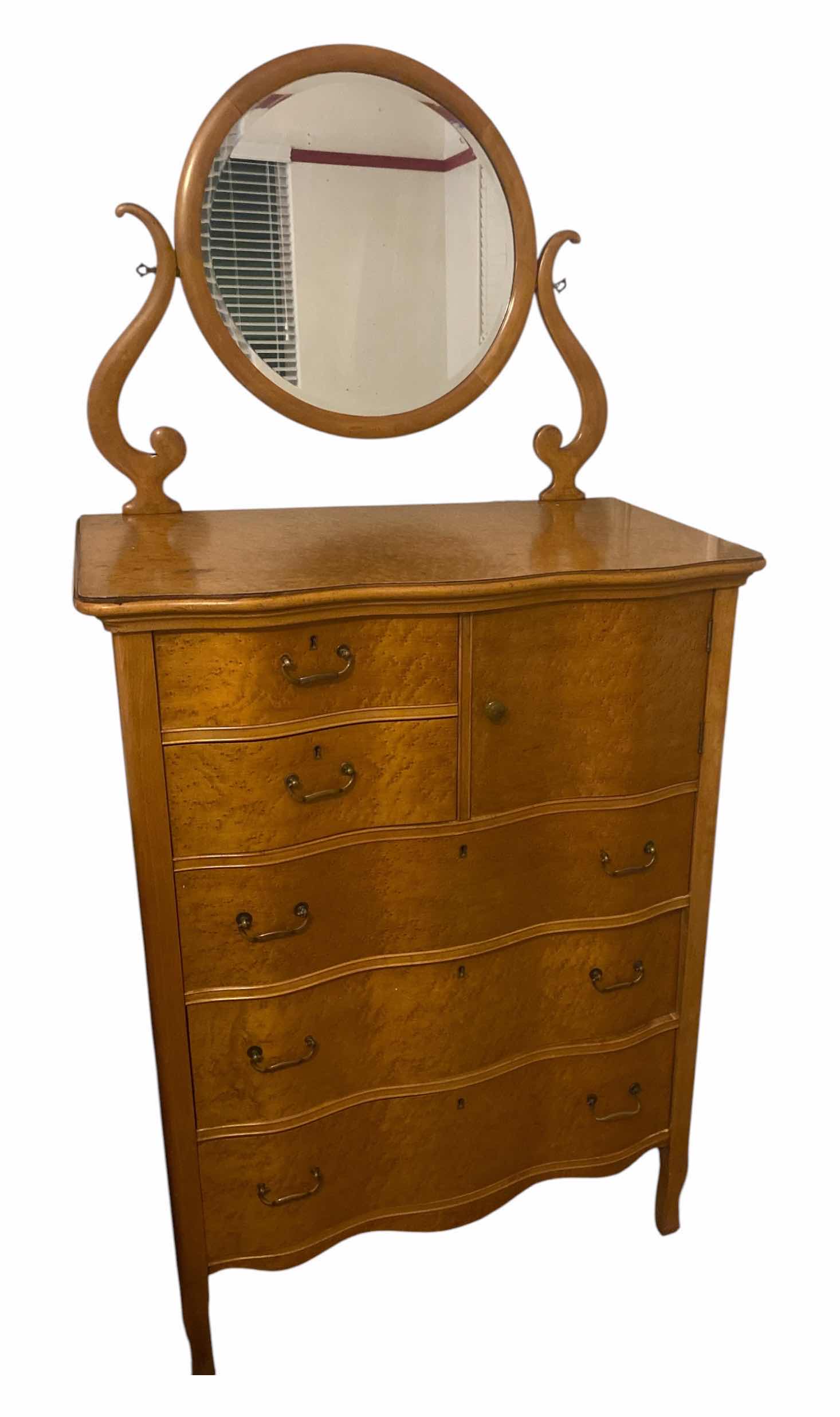 Photo 1 of ANTIQUE POST GOLD RUSH BIRDSEYE MAPLE HIGH BOY WITH SERPENTINE FRONT & MIRROR 36“ X 21“ H 48 1/2” (MATCHING PIECES AVAILABLE SOLD SEPARATELY)