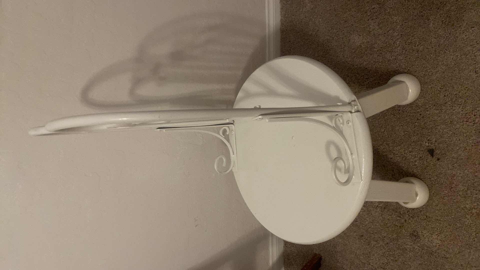 View 2 of VINTAGE DECORATIVE WHITE METAL SCROLL BACK CHILD’S CHAIR H 29“