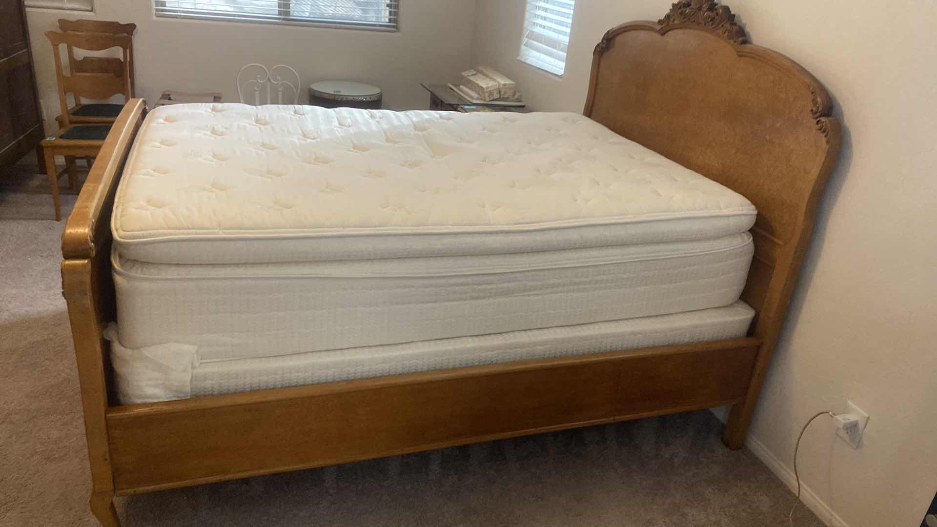 View 4 of ANTIQUE POST GOLD RUSH BIRDSEYE MAPLE HEADBOARD FOOTBOARD AND RAILS FOR FULL-SIZE BED 57 1/2“ X 79“ H 57” (MATTRESS SOLD SEPARATELY, MATCHING PIECES ALSO AVAILABLE)