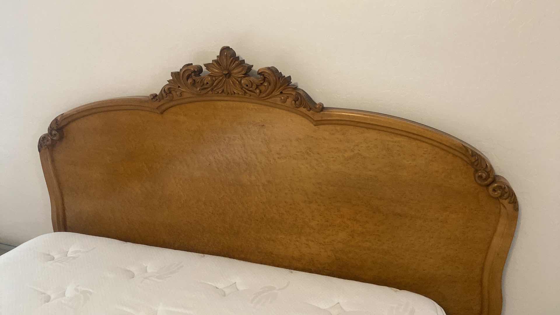 View 5 of ANTIQUE POST GOLD RUSH BIRDSEYE MAPLE HEADBOARD FOOTBOARD AND RAILS FOR FULL-SIZE BED 57 1/2“ X 79“ H 57” (MATTRESS SOLD SEPARATELY, MATCHING PIECES ALSO AVAILABLE)