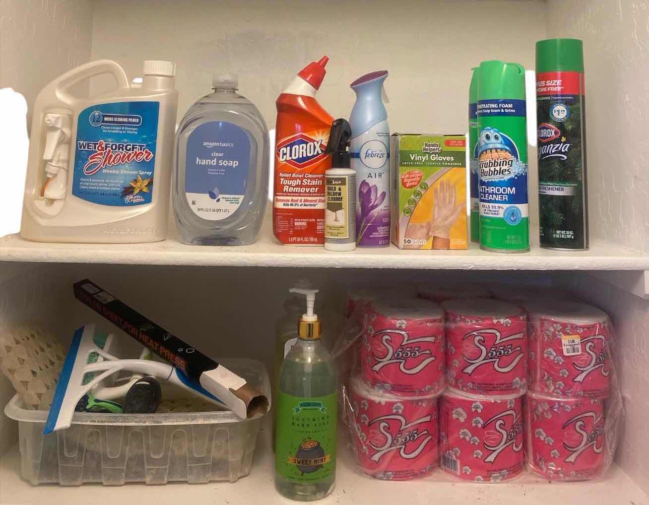 View 1 of TWO SHELVES IN CLOSET – CLEANING SUPPLIES AND PERSONAL CARE