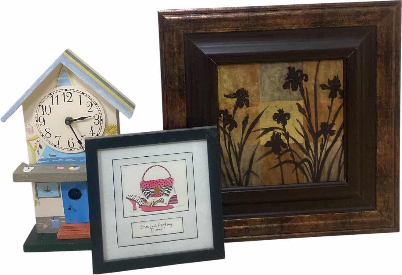 View 1 of FRAMED ARTWORK LARGEST 14“ x 14“ & WOOD CLOCK H11”