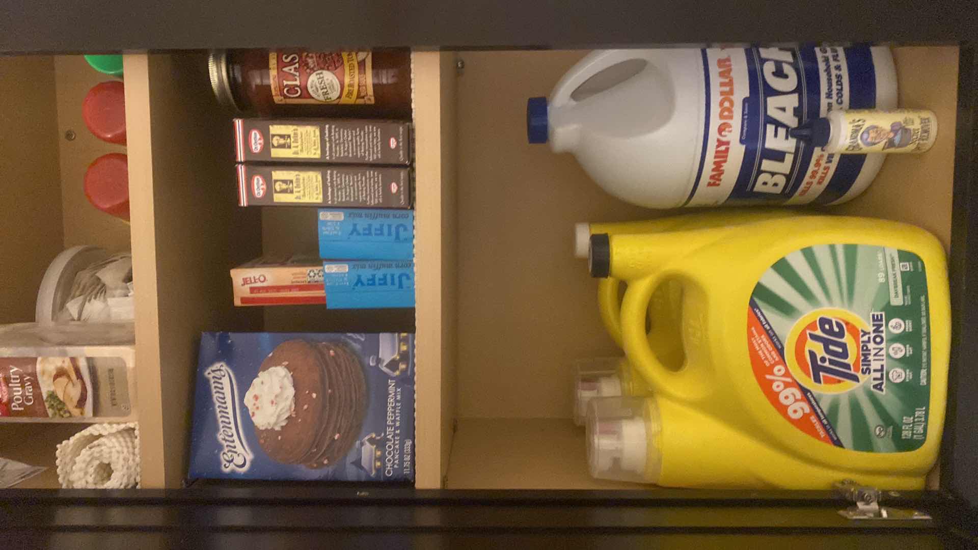 View 2 of CONTENTS OF CABINET-LAUNDRY SUPPLIES AND KITCHEN STAPLES ONE TIDE IS FULL