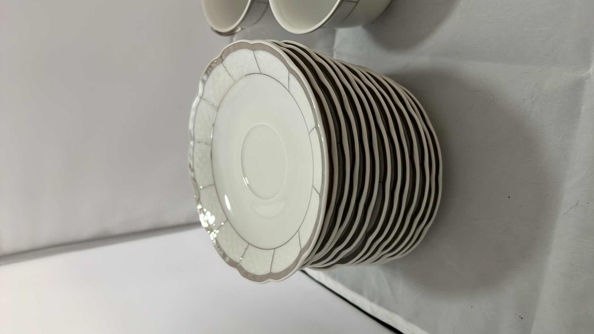 Photo 1 of 12-VINTAGE CHINA “SILVER EMBOSSED” THUN TEACUPS AND SAUCERS (PART OF FULL CHINA SET SOLD SEPARATELY)