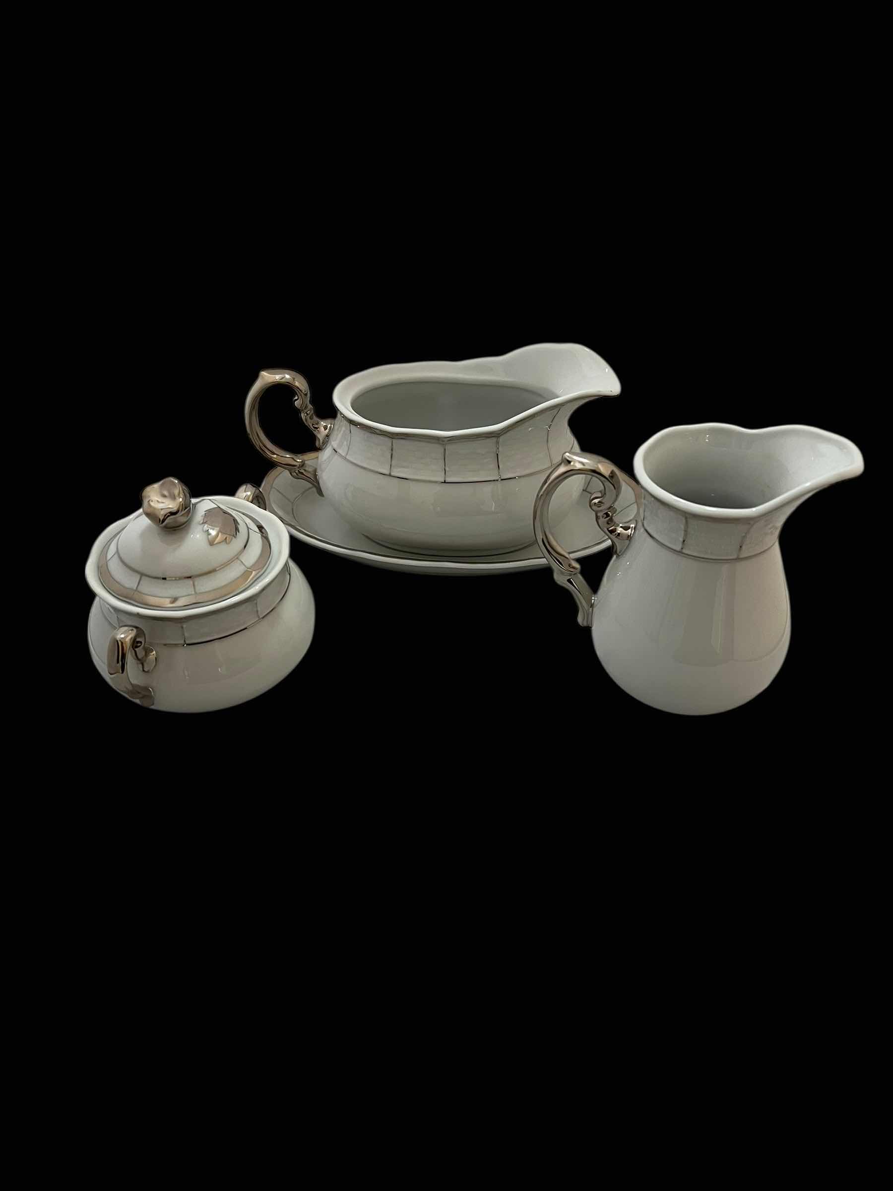 Photo 1 of 3-VINTAGE CHINA “SILVER EMBOSSED” THUN GRAVY BOAT AND SERVING BOWLS. (PART OF FULL CHINA SET SOLD SEPARATELY)