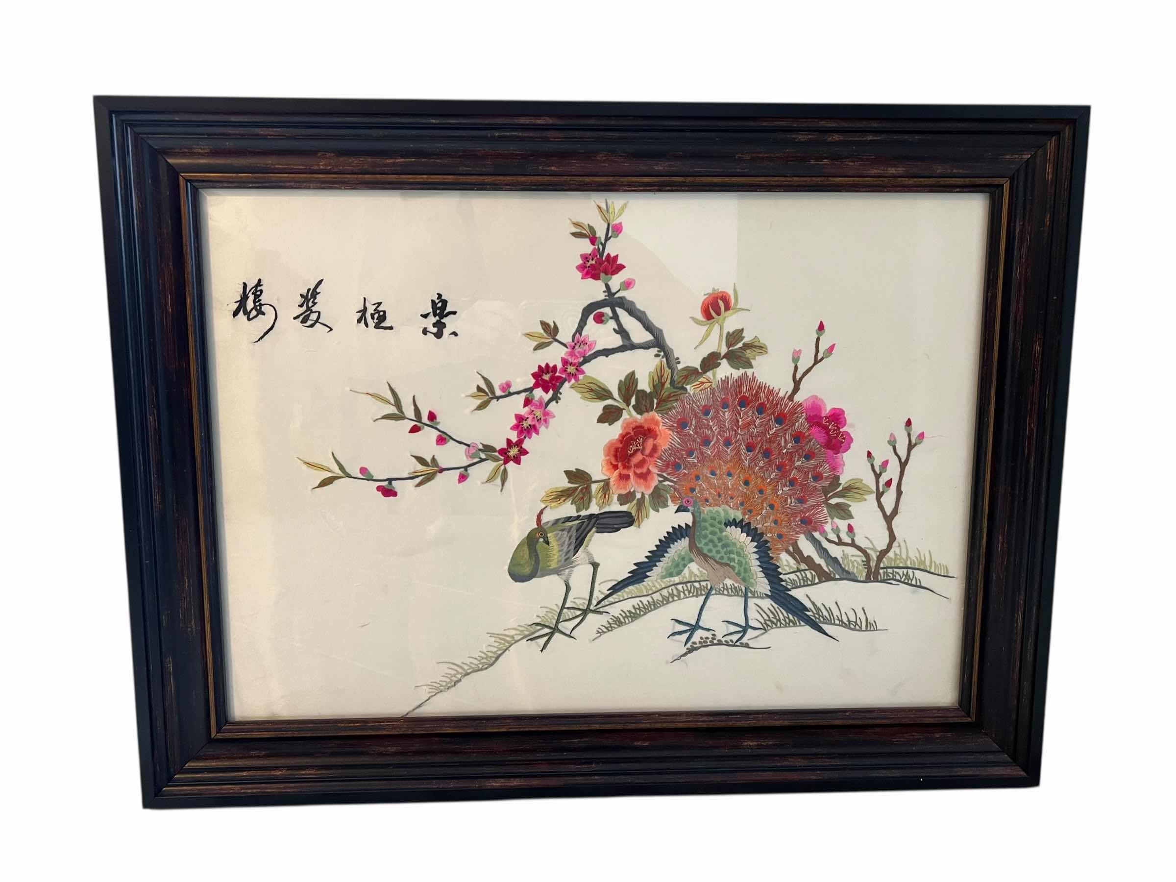 Photo 1 of ARTWORK-VINTAGE CHINESE SILK-BIRDS FRAMED HAND STITCHED SILK SCARF 24”X 18”H