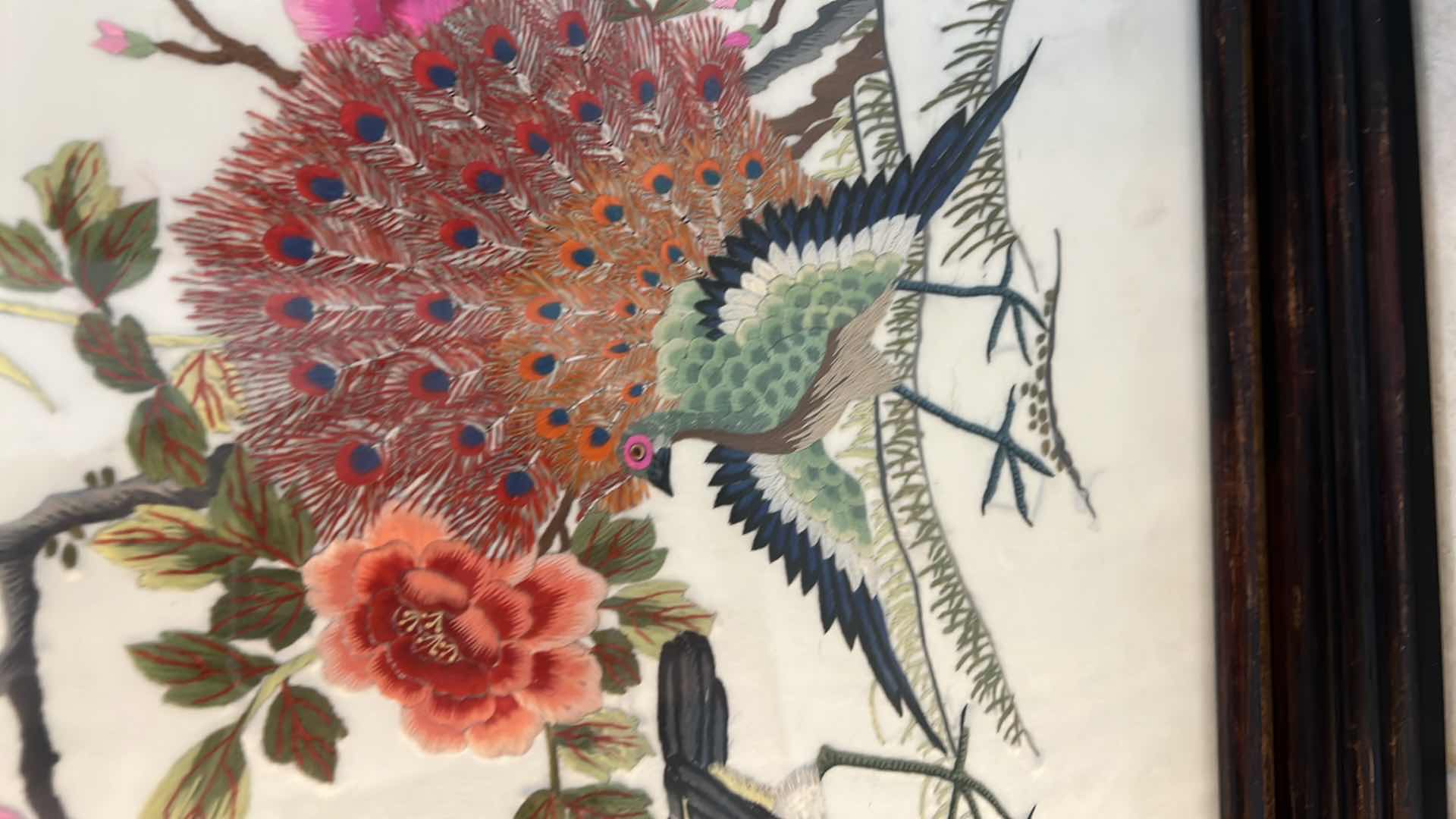 Photo 2 of ARTWORK-VINTAGE CHINESE SILK-BIRDS FRAMED HAND STITCHED SILK SCARF 24”X 18”H