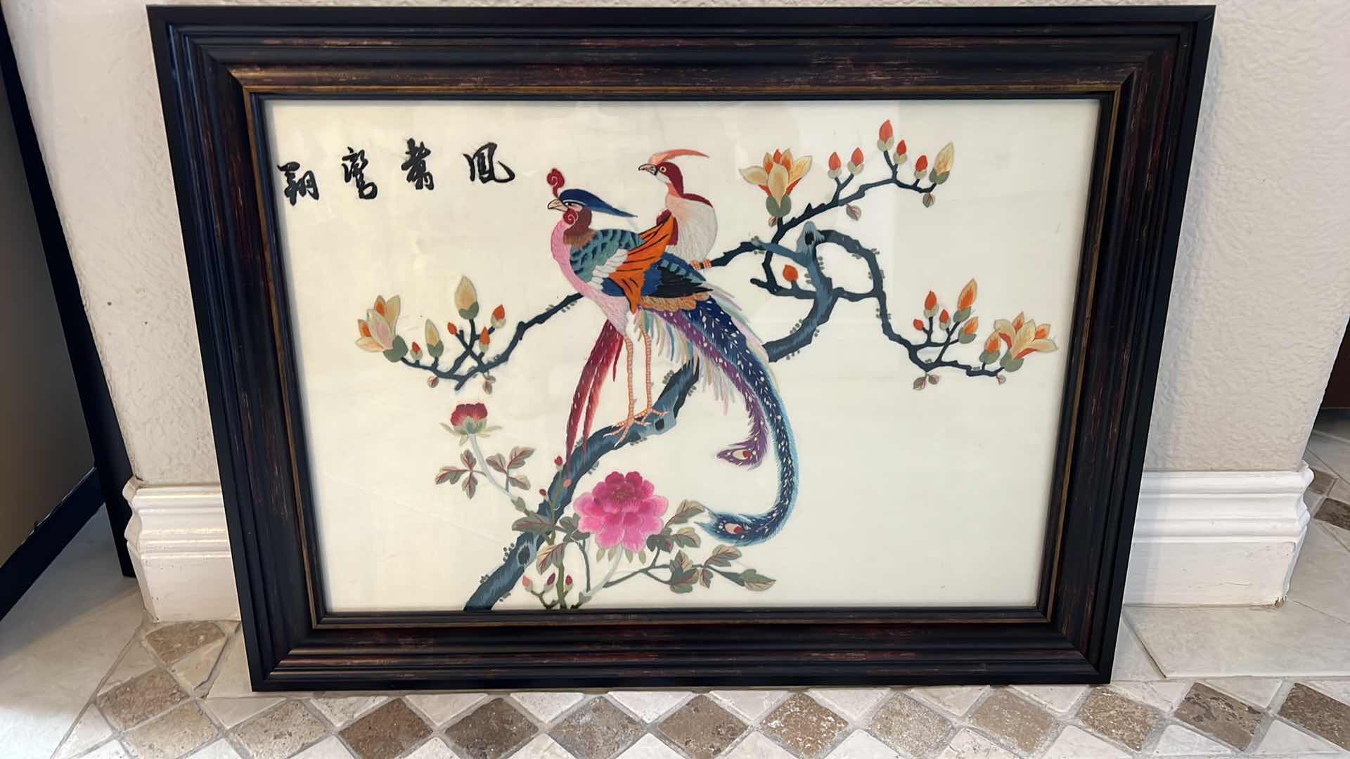 Photo 1 of ARTWORK-VINTAGE CHINESE SILK-BIRDS FRAMED HAND STITCHED SILK SCARF 24”X 18”H