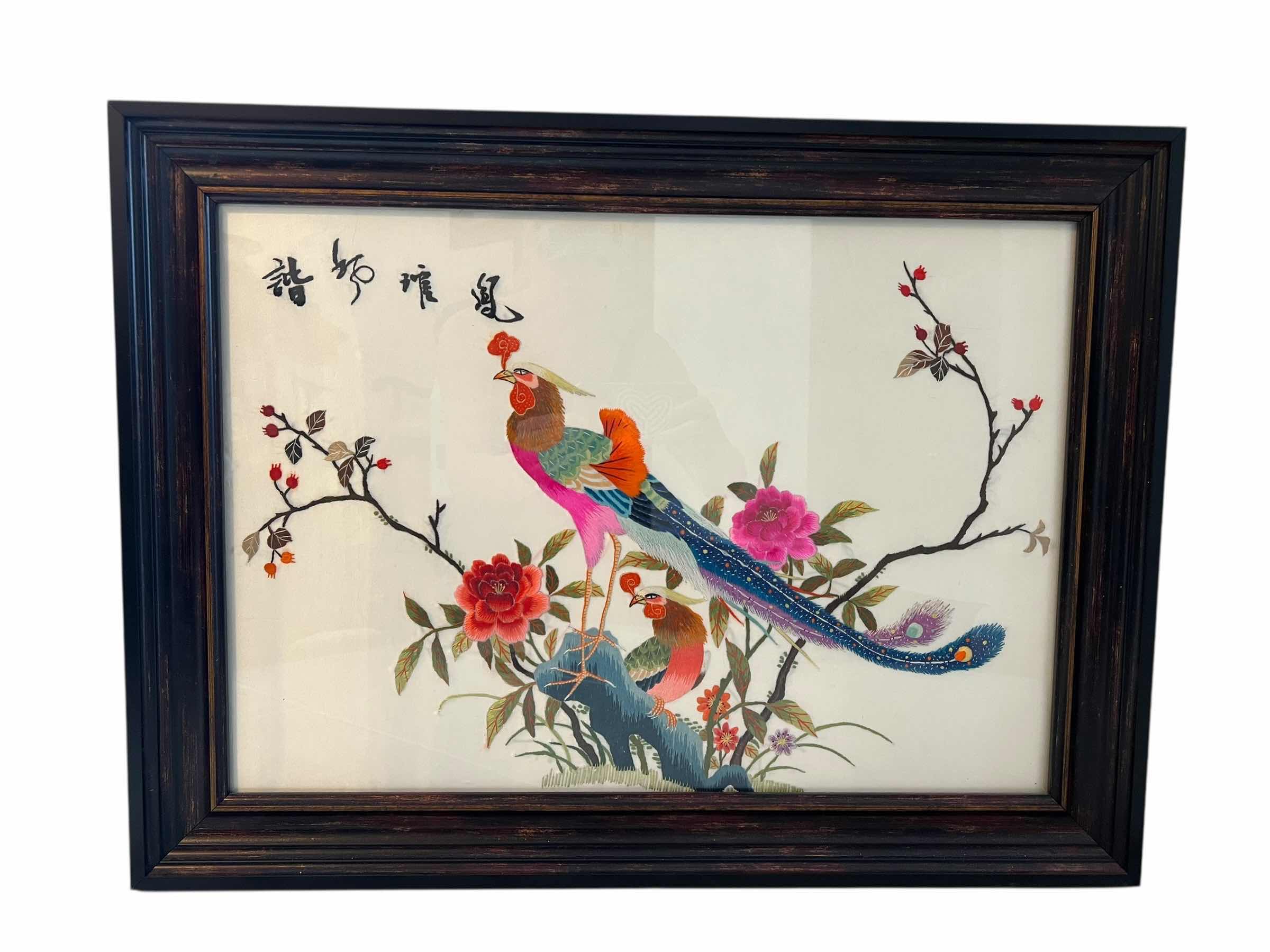 Photo 1 of ARTWORK-VINTAGE CHINESE SILK-BIRDS FRAMED HAND STITCHED SILK SCARF 24”X 18”H