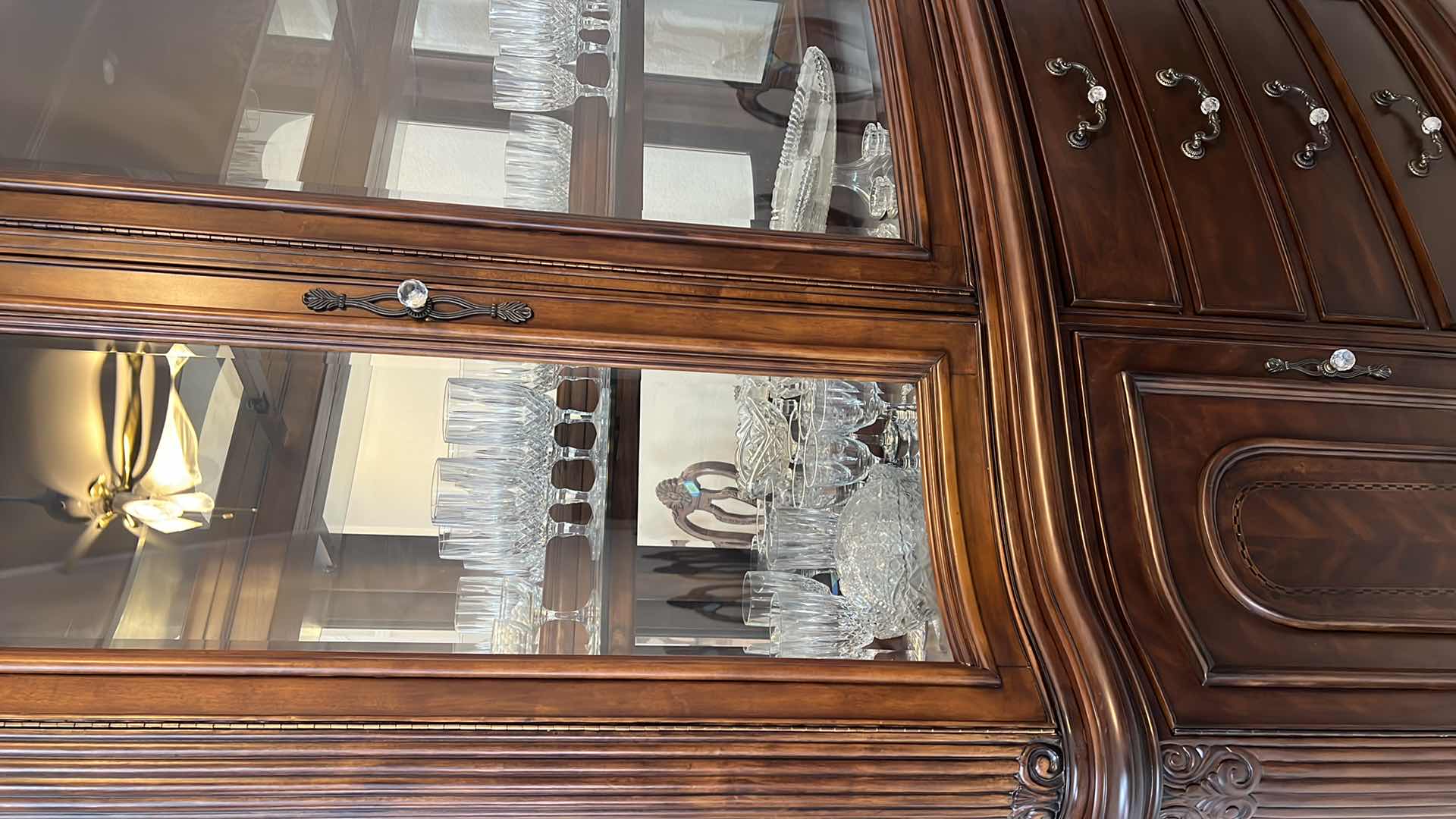 Photo 1 of VINTAGE INSPIRED-LARGE CHINA CABINET. “MICHAEL AMINI” SIGNATURE SERIES TWO PIECE TOUCH LIGHTING GLASS HUTCH. 89” H IN TOTAL. BOTTOM PIECE IS 34”H. 67”W  19” DEEP.